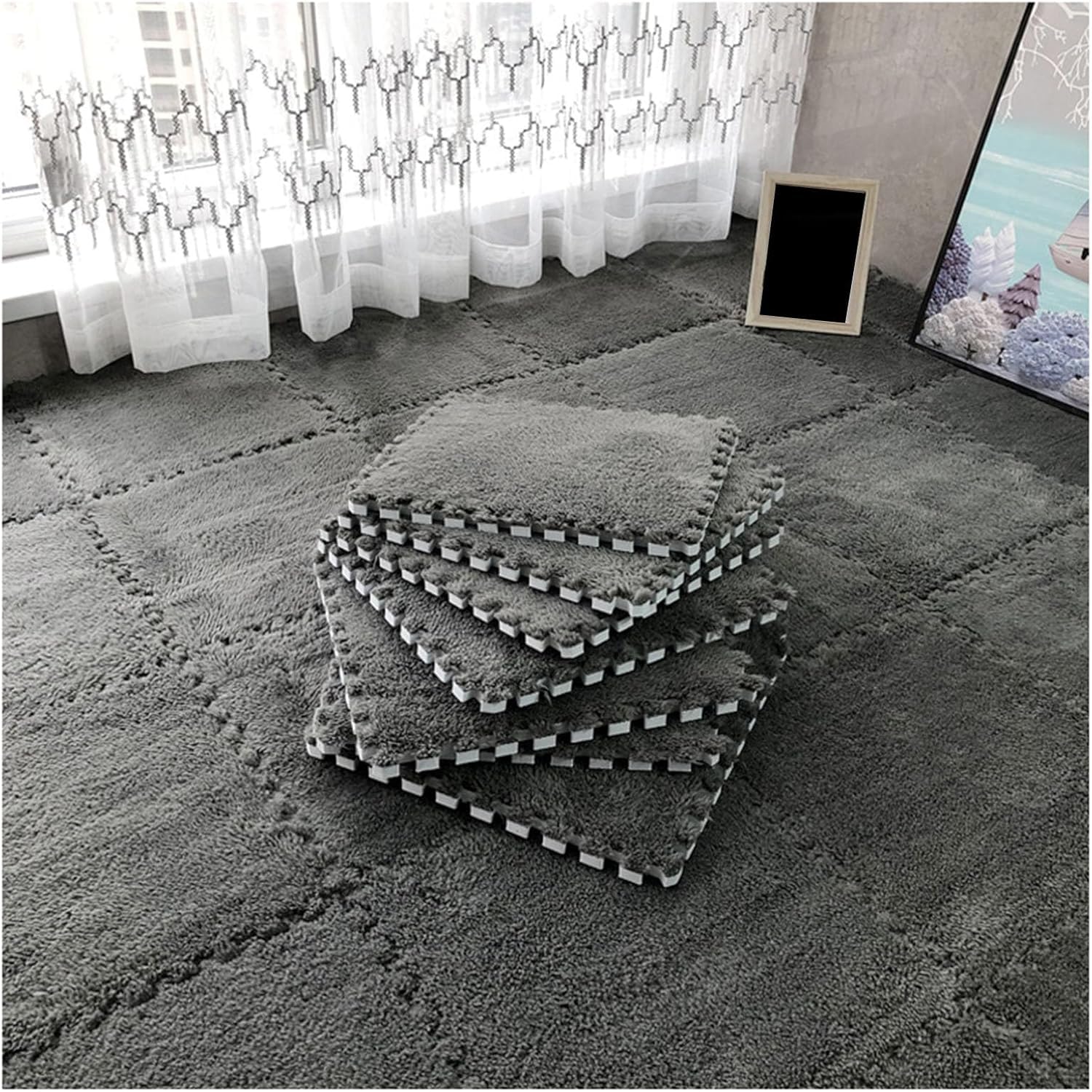 JvFbjLF Plush Foam Floor Mat 12x12inch Square Foam Playmat Fluffy Interlocking Foam Tiles(Grey,20pcs)