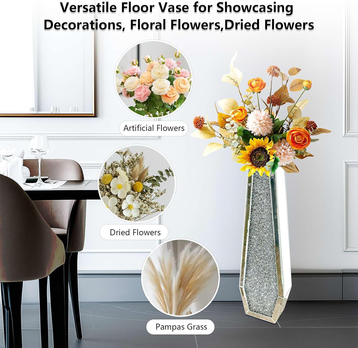 Mirrored Vase Crushed Diamond Silver Hexagon Shaped Decor, Won't Hold Water