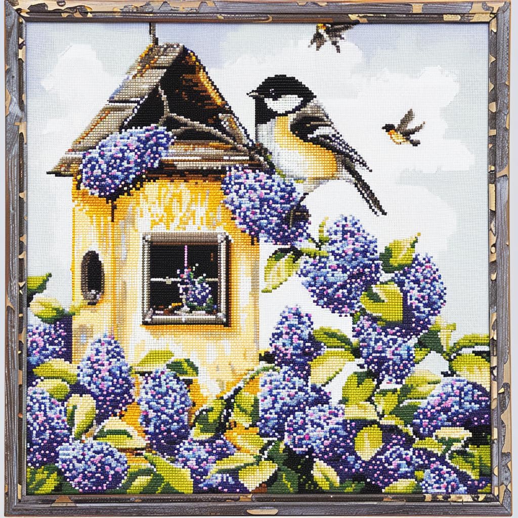 Chickadees Birds Perched on Roof DIY 11CT Stamped Cross Stitch Kits for Beginners Easy Needlepoint Embroidery Counted Cross Stitch Art Craft for Wall Decoration 14x14inch(1)
