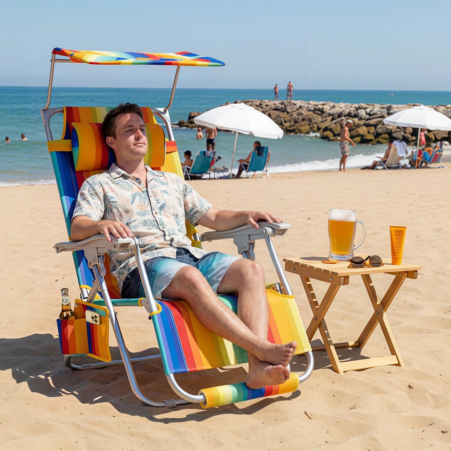 Lightweight Backpack Beach Chair for Adults, Patio Zero Gravity Chair with Canopy, Outdoor Adjustable Folding Reclining Lounge Chair with Cup Holder Pillow,Lawn Garden,Sand (Rainbow Stripe)
