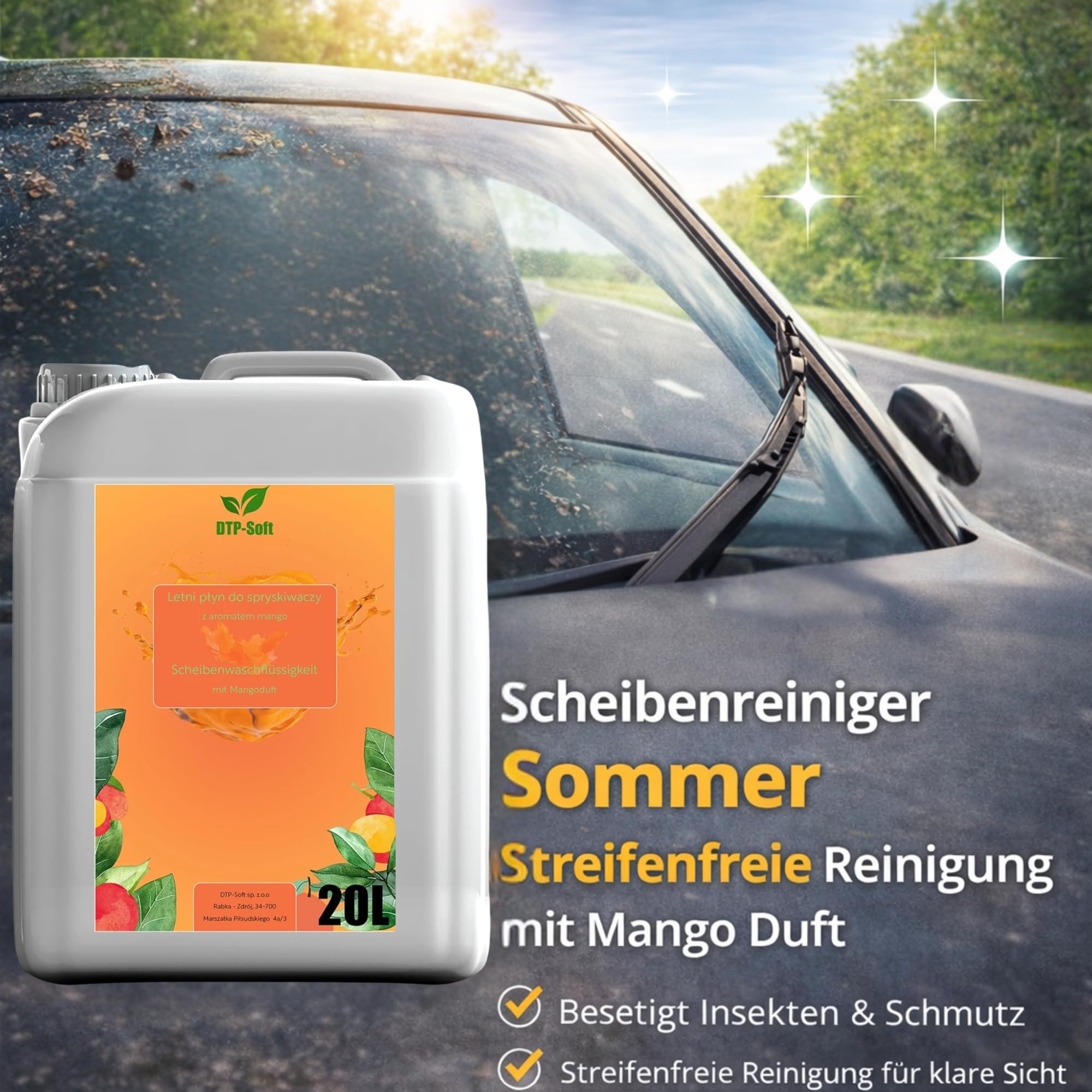 Scheibenreiniger 20L / 20 liter Sommer - Scheibenwischwasser fertig gemischt mit Mango Duft - streifenfrei gegen Insekten Schmutz Pollen