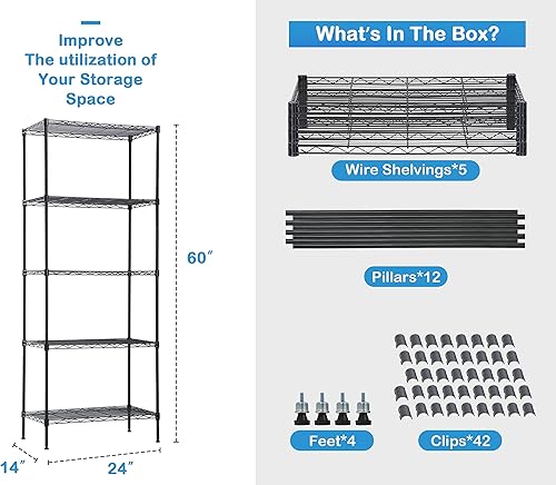 Miniatura 2 de Estantería de metal de 5 estantes, altura ajustable, estante de alambre comercial con patas niveladoras, capacidad de 150 libras por estante, 24 x