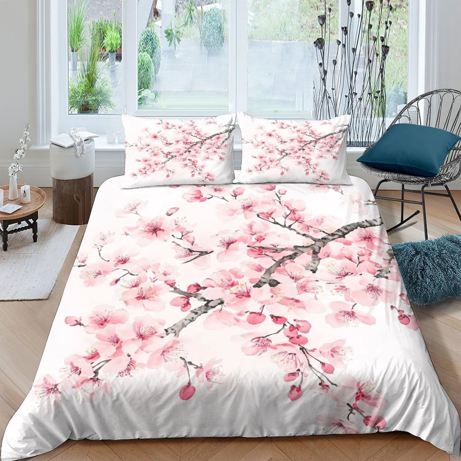Ctjqhvkz Style-8 3D Printed Cherry Blossom Fitted Sheet Microfiber Soft Pink Plum Flower Bed Cover Breathable For Bedroom Guestroom Decor Single（135X200cm）