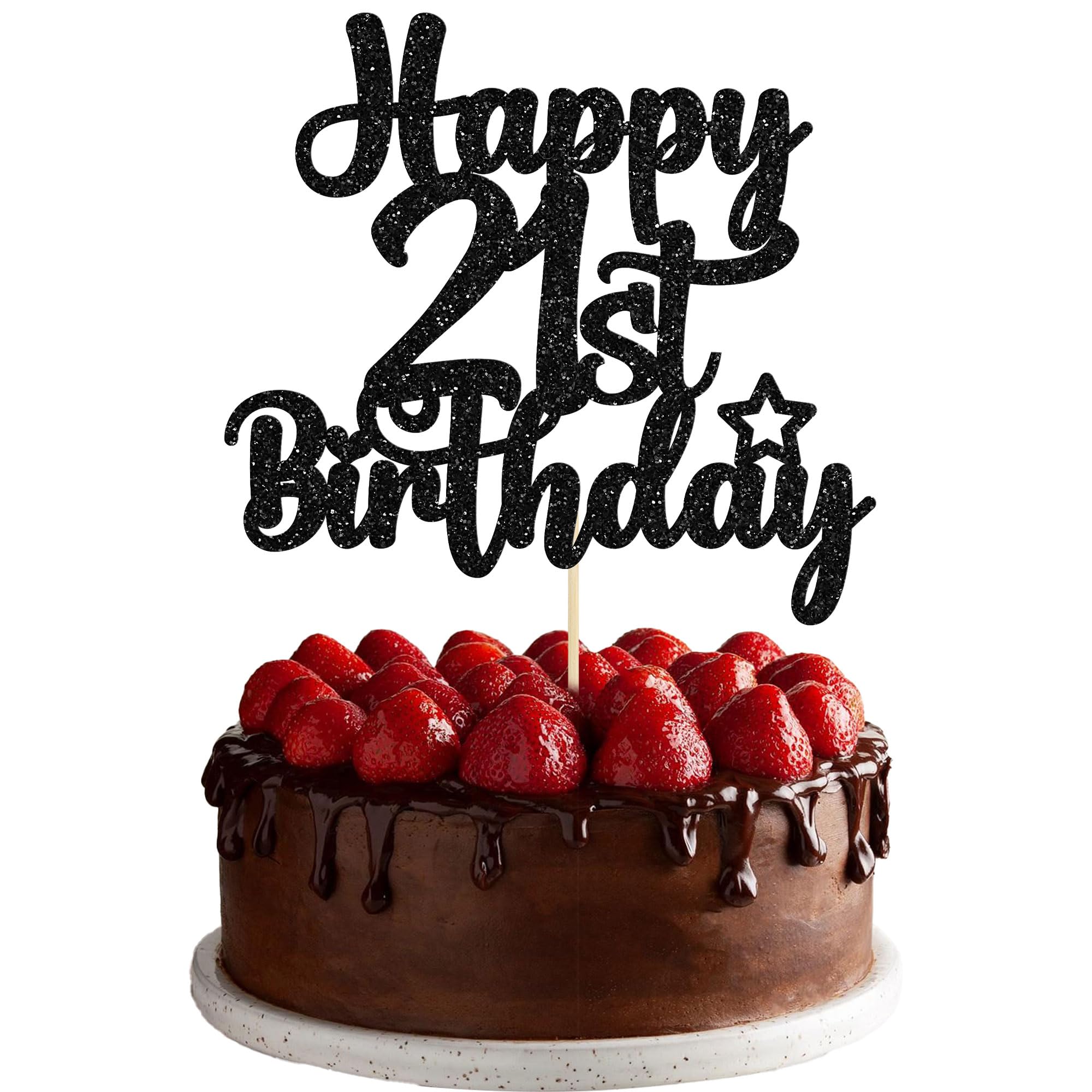 Gyufise 1Pc Happy 21st Birthday Cake Topper Glitter 21 & Fabulous Cheers to 21 Years Old Birthday Cake Pick for Celebrating 21st Birthday Anniversary Party Cake Decorations Black