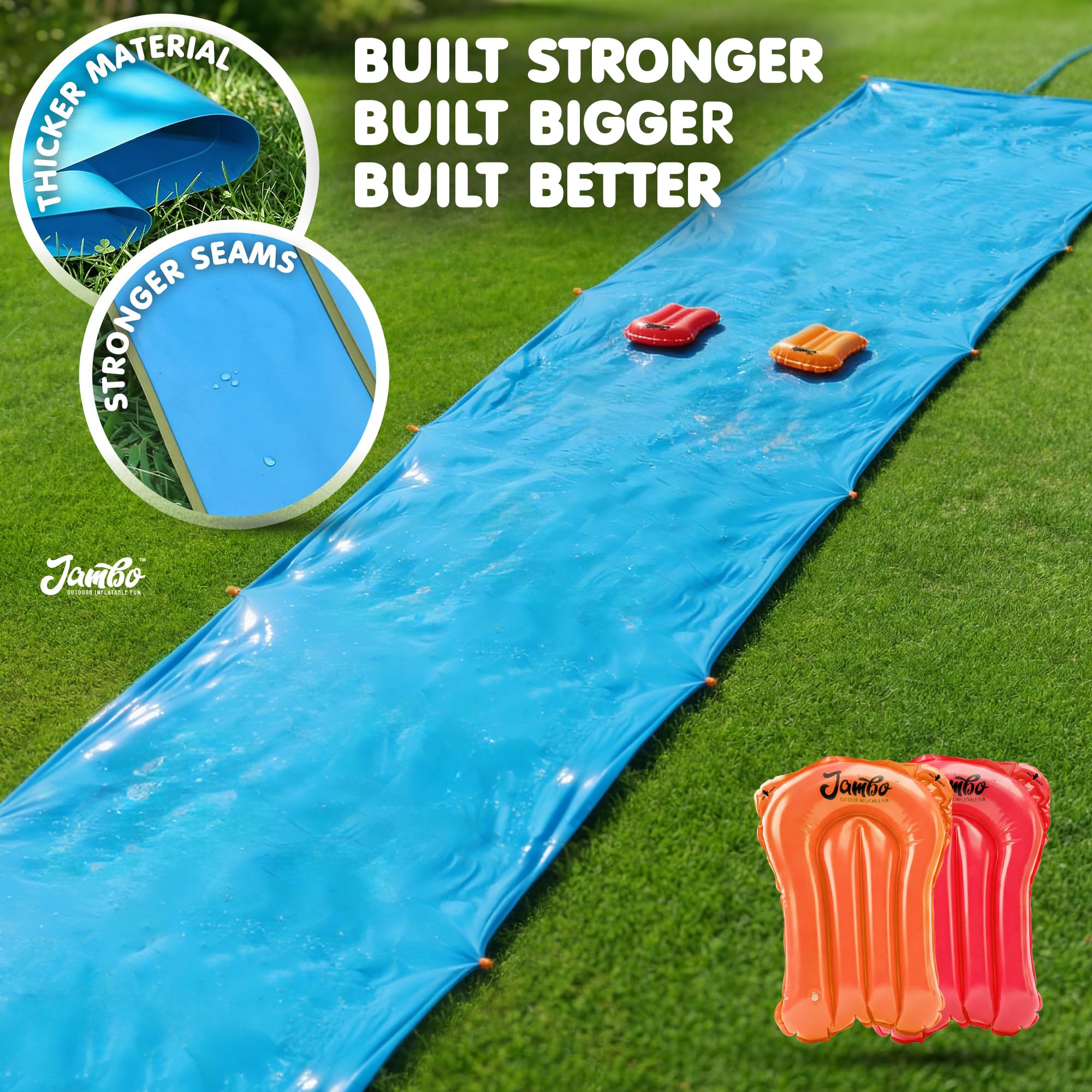 JAMBO XXL Mega-Wasserrutsche und 2 Bodyboard-Update-Modelle, extra lang, extra breit, Spritzschutz und Rutsche für Kinder, robuste Wasserrutsche für Hinterhof, Rasen, Outdoor-Wasserspielzeug
