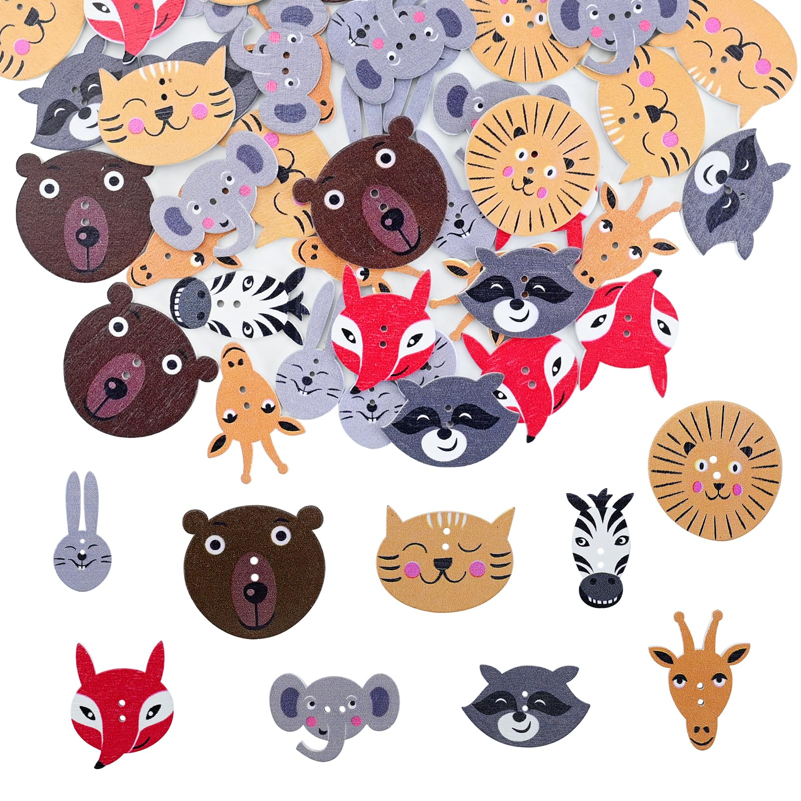 Ksheria 50 Pcs Animal Wooden Buttons Children's Buttons for Crafts Cartoon,2 Hole Cute Mixed Wood Button Decorativos Craft Buttons Assorted Shape for Sewing DIY Works Decoration and More