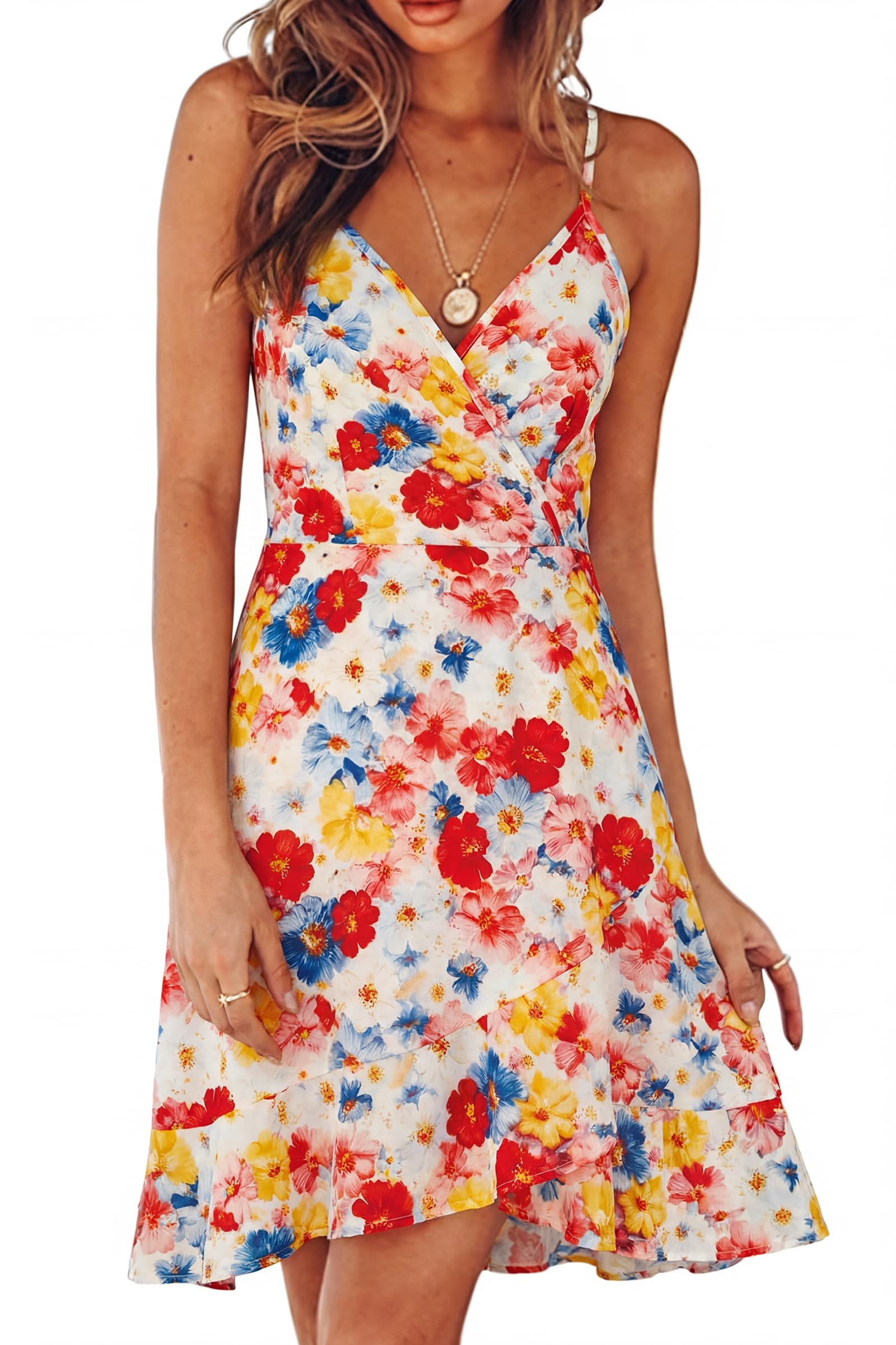 ULTRANICE Womens Summer Dresses Floral V Neck Ruffled Hem Spaghetti Spring Casual Beach Outfits Flowy Wrap Sun Dress