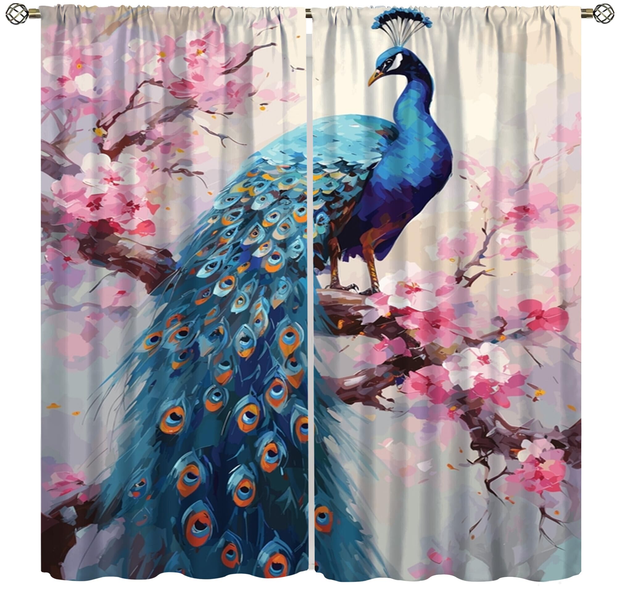 Yoakiet Peacock Curtains,Asian Chinese Style Watercolor Pink Flowers Plant Beautiful Peacock Print Rod Pocket Window Treatments Drapes for Bedroom Living Room Kitchen Bath42x45in