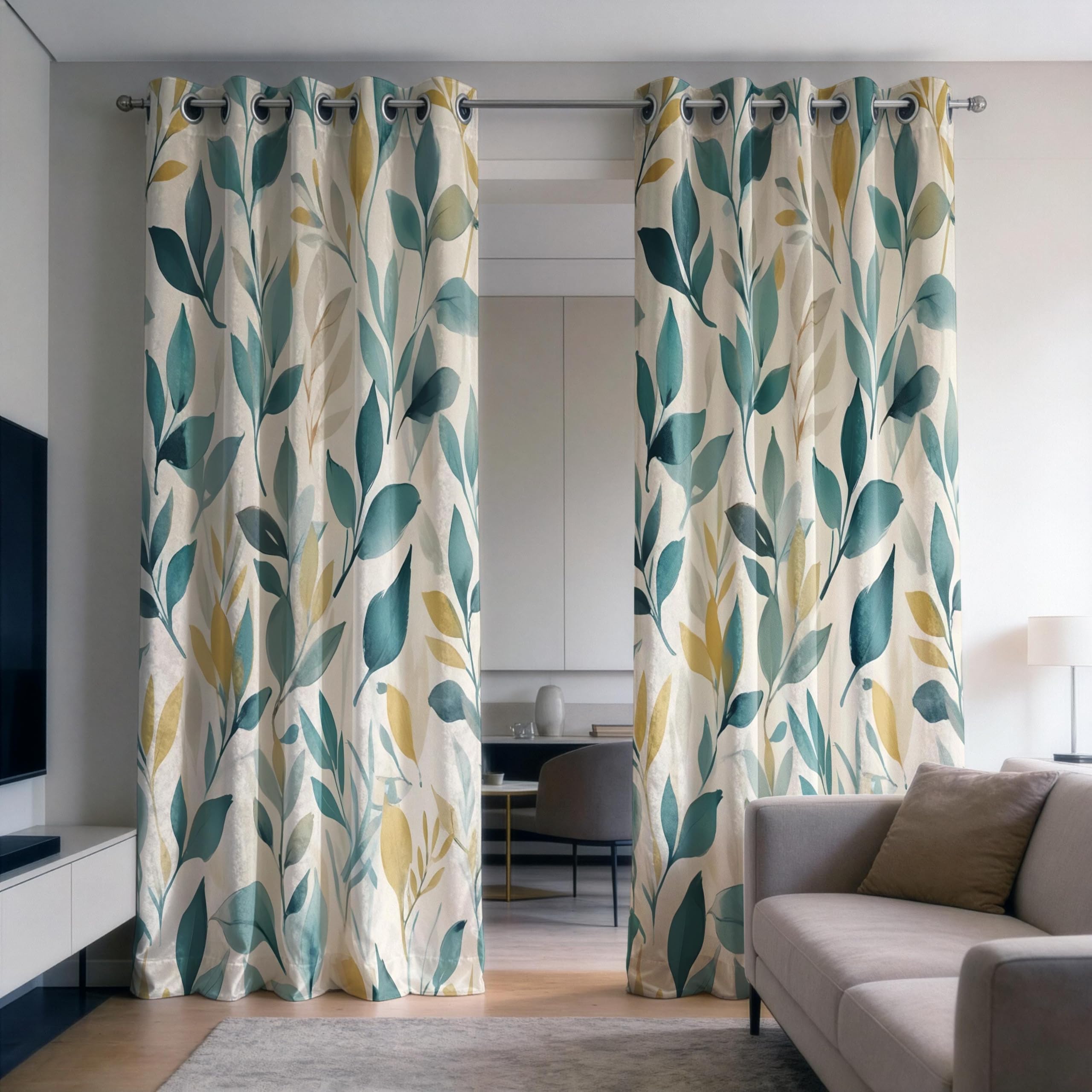 IKDZCM Teal Green Leaf Blackout Curtains for Bedroom, Botanical Grommet Drapes, Modern Eyelet Window Panels for Living Room(WxH/2x143x205cm)