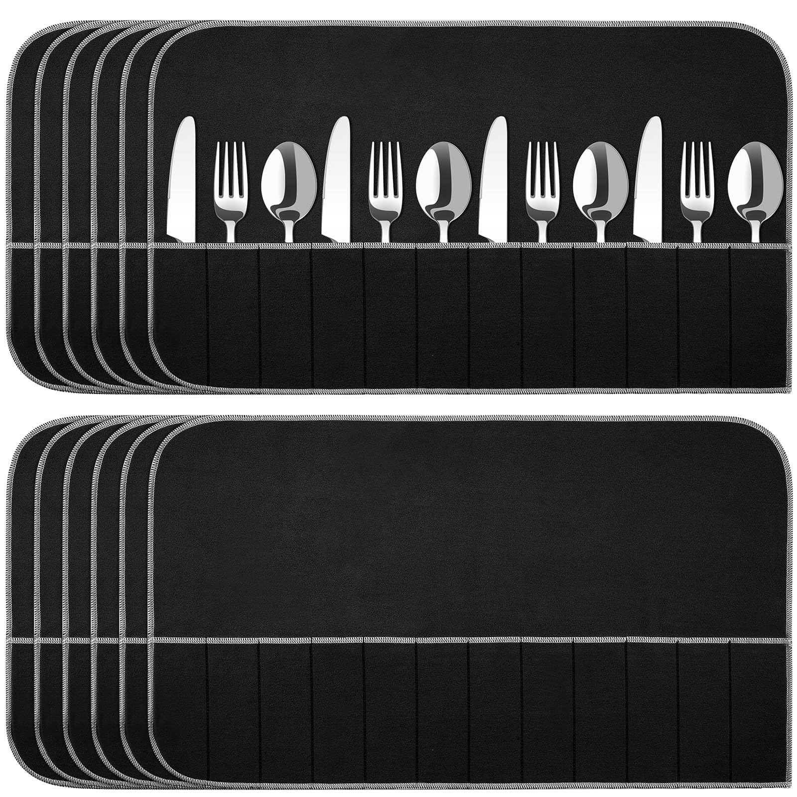 12 Pcs Silver Anti-Tarnish Storage Bags, Silver Felt Cutlery Organizer, Anti Tarnish Protective Bags, Place Setting Roll with White Tape for Kitchen Utensils