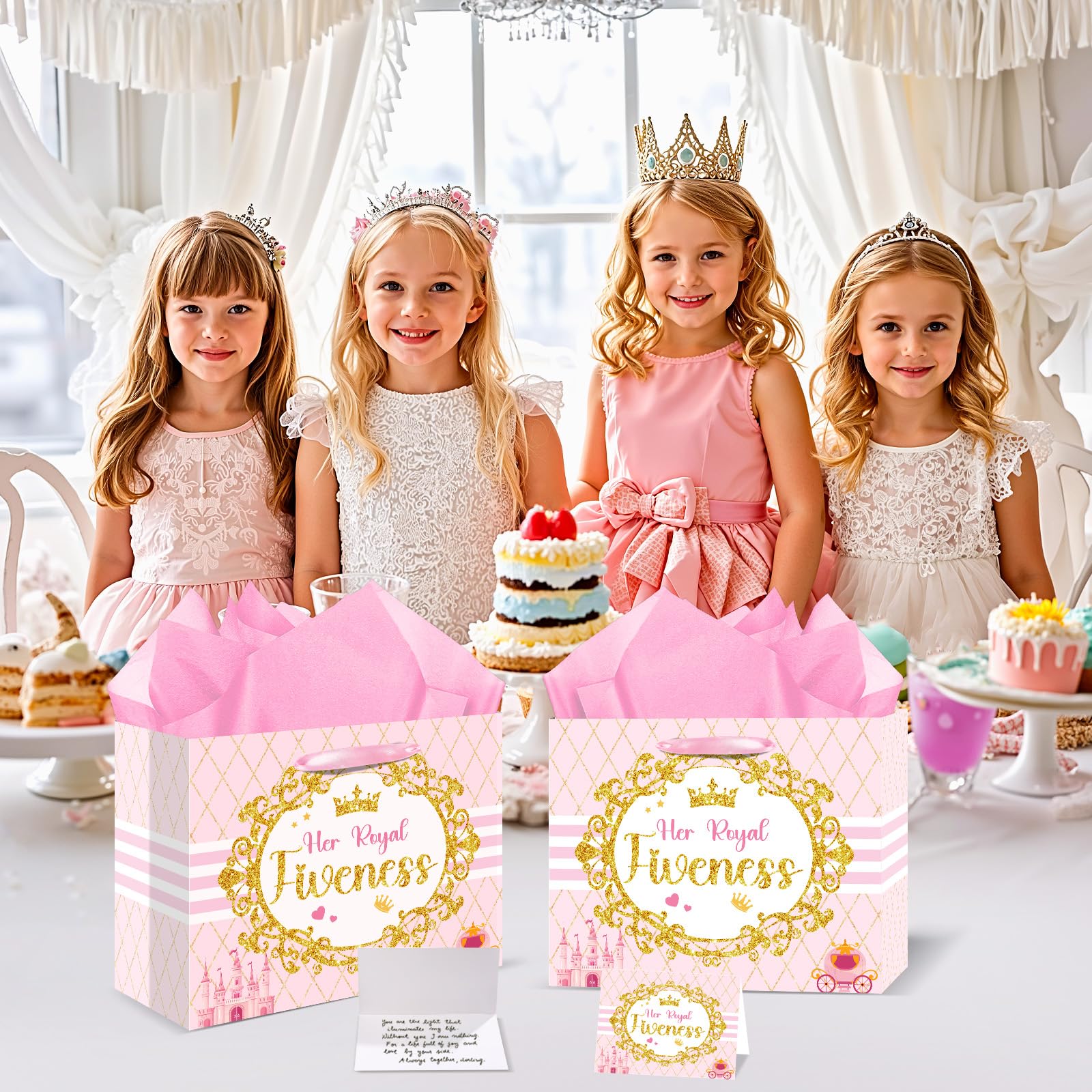 Princess Gift Bags Pink Happy 5th Birthday Party Favors Bag Princess Birthday Party Decorations with Wrapping Tissue Paper and Greeting Card for 5 Year Old Girls Kids Baby Shower Party Supplies Decor