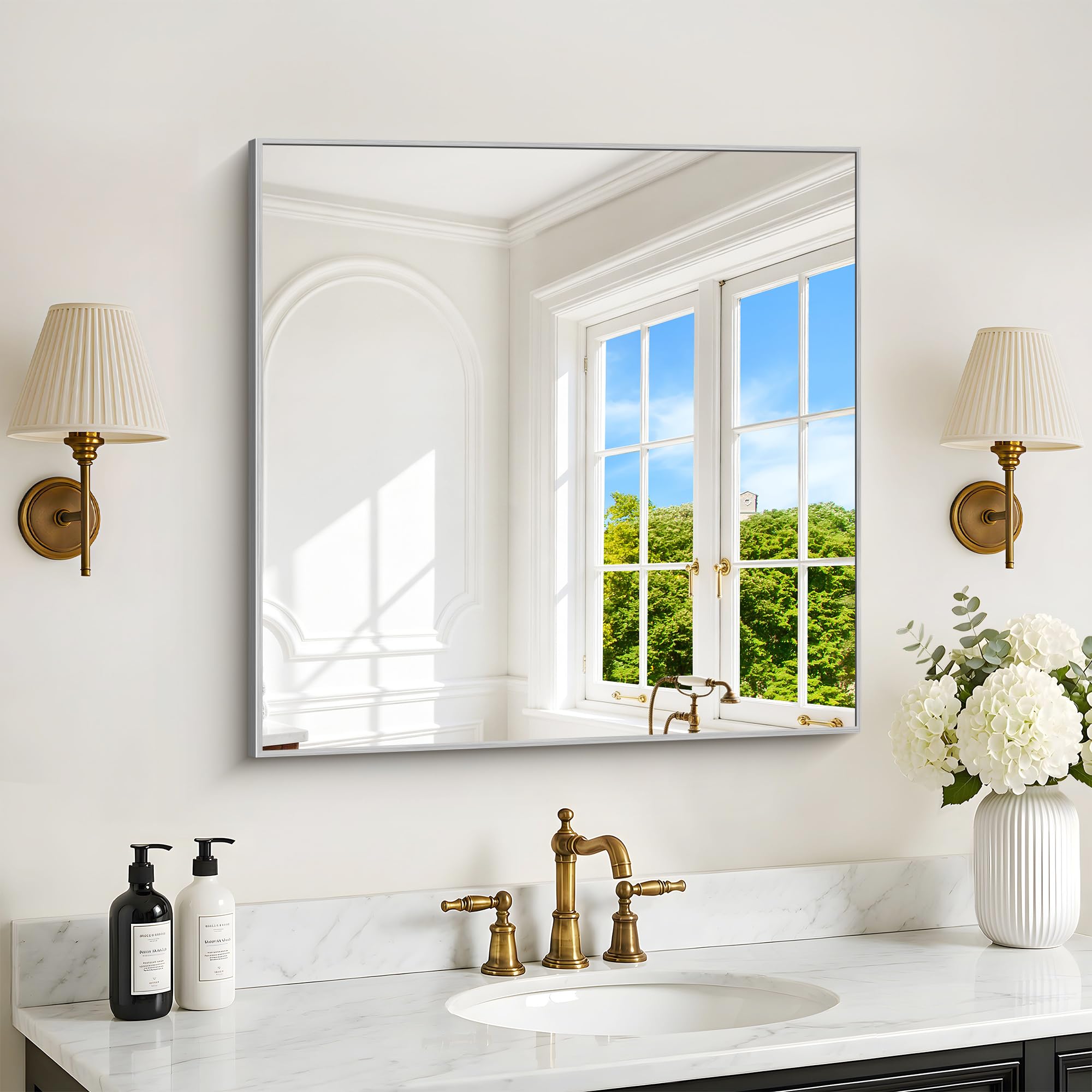 DESBING 30" x 30"Bathroom Mirror, Silver Rectangle Corner Wall Mirror with Metal Frame, Decorative Rectangular Vanity Mirror for Bedroom Bathroom Living Room Entryway (Horizontal/Vertical)
