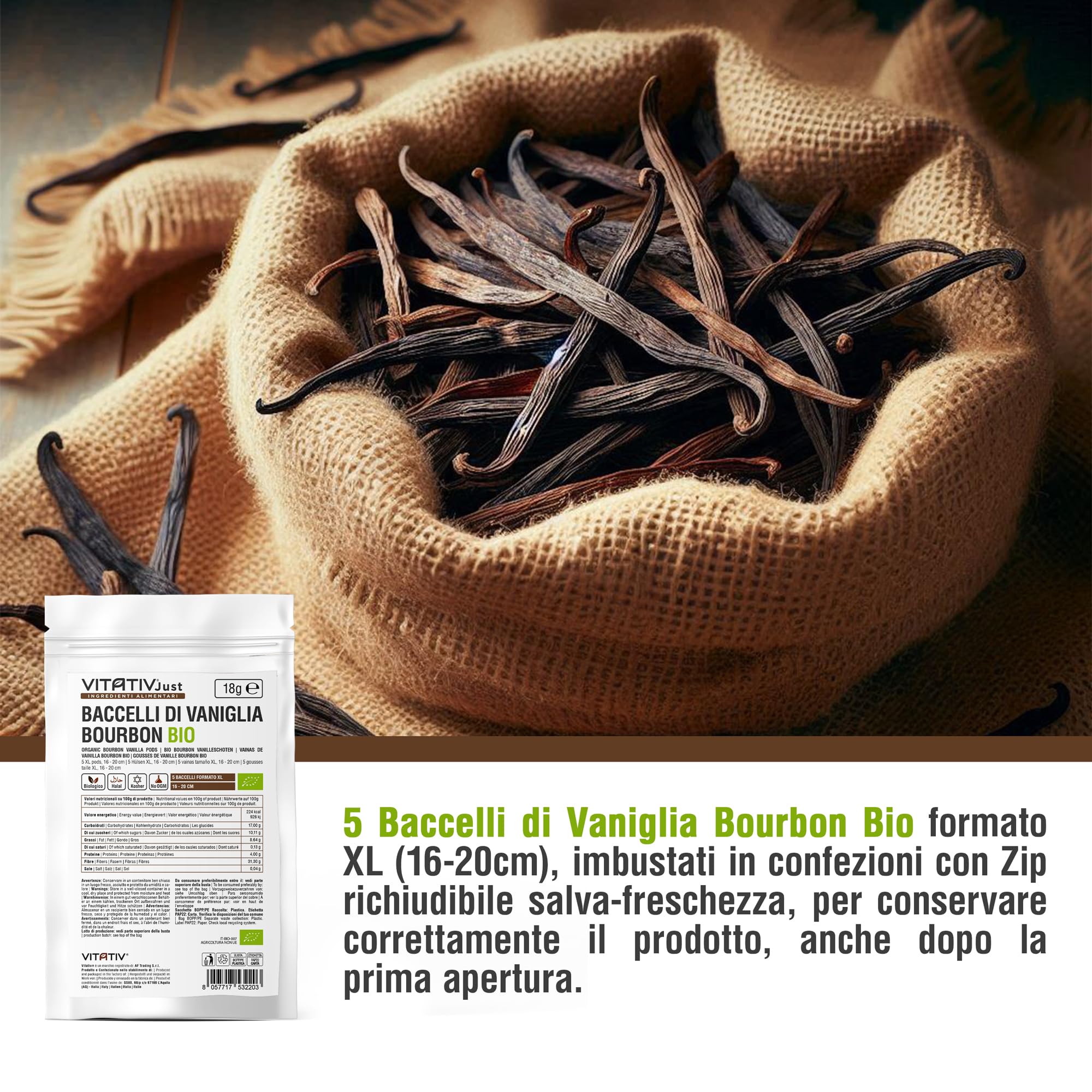 Baccelli di Vaniglia Bourbon BIO 5 pezzi XL 16-20 cm del Madagascar da Agricoltura Biologica - Prima Qualità - VITATIV - 18gr