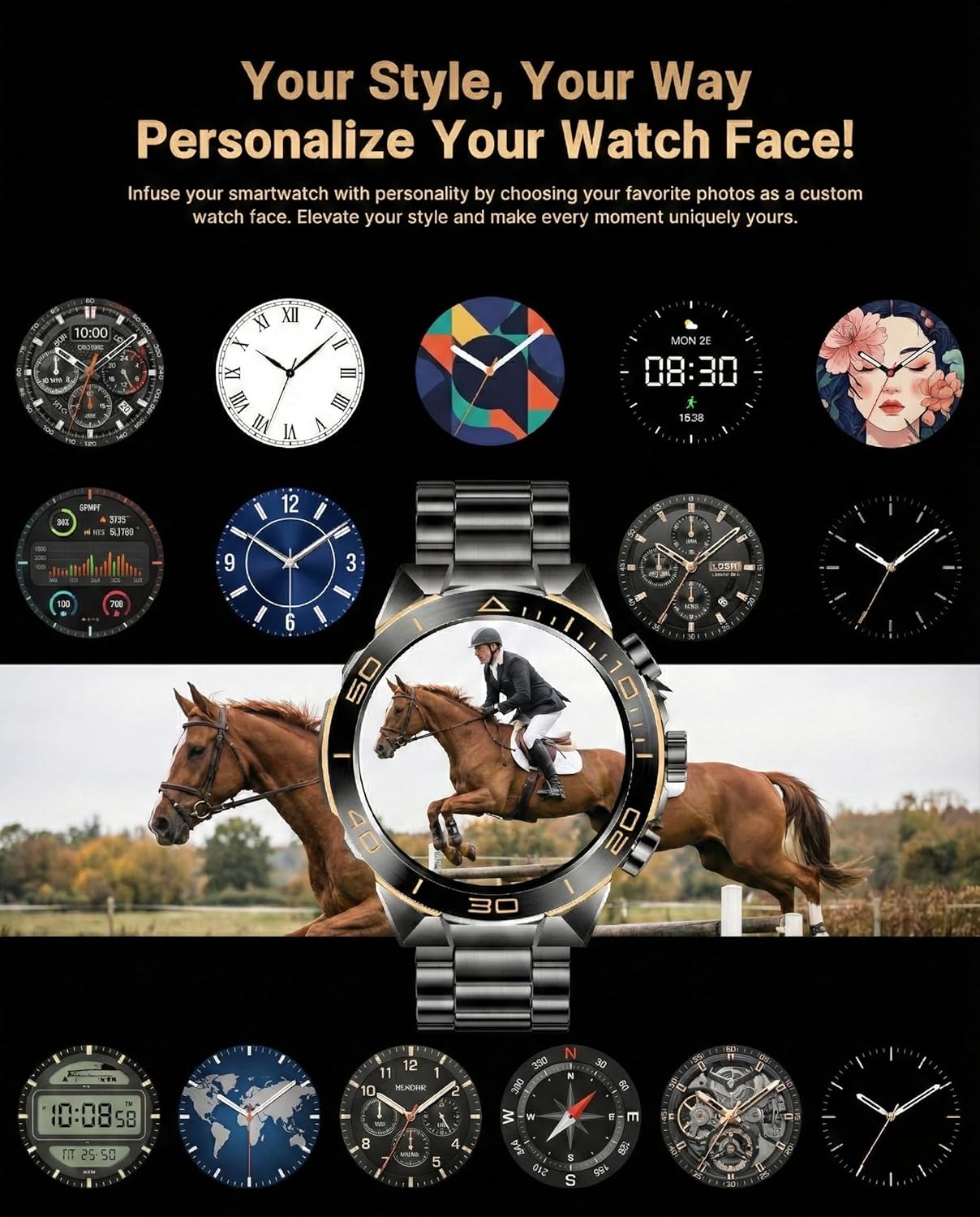 SOUYIE Men's Smart Watch with Bluetooth Call, 1.43" AMOLED Round Dial, Luxury Stainless Steel & Silicone Bands, Business Sport Fitness Tracker, Heart Rate/Blood Pressure/Sleep Monitor for iOS Android - Image 8