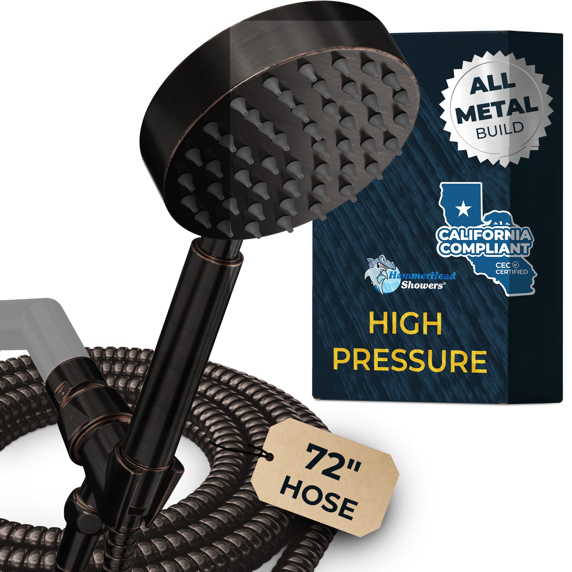 HammerHead Showers® Low Flow Metal Shower Head with Hose and Brass Holder, Oil Rubbed Bronze, Water Saving, Removable Shower Head 1.75 GPM, Wand Holder