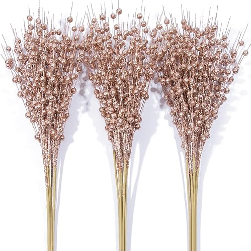 GRMIKBU Paquete de 12 adornos artificiales de bayas con purpurina color champán de 17 pulgadas, frutas artificiales para mesa del hogar, decoración