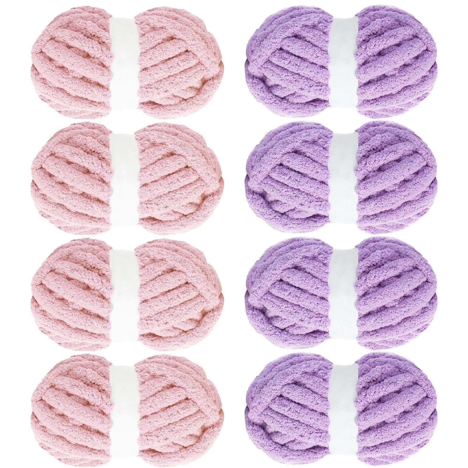 8 Pack Assorted Chunky Yarn for Crocheting, Fluffy Jumbo Chenille Yarn, Soft Plush Yarn Bulky, Giant Thick Fuzzy Yarn for Hand or Arm Knitting, Cream & Khaki&Sage&Grey (Pink & Purple)