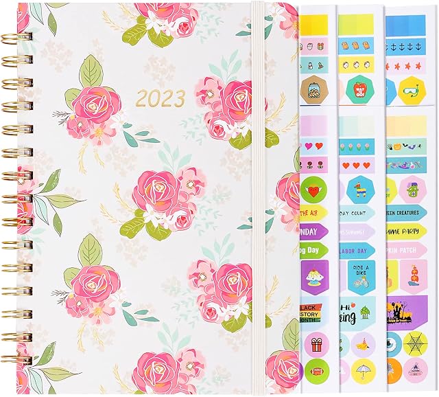 Kaket 2023 Diary Week to View, A5 Academic Diary 2022-2023, Weekly and Monthly Planner, Dark Blue,Diary 2023 with Hard Cover, Elastic Closure, Inner Pocket, 12PC Stickers (Pink and White)
