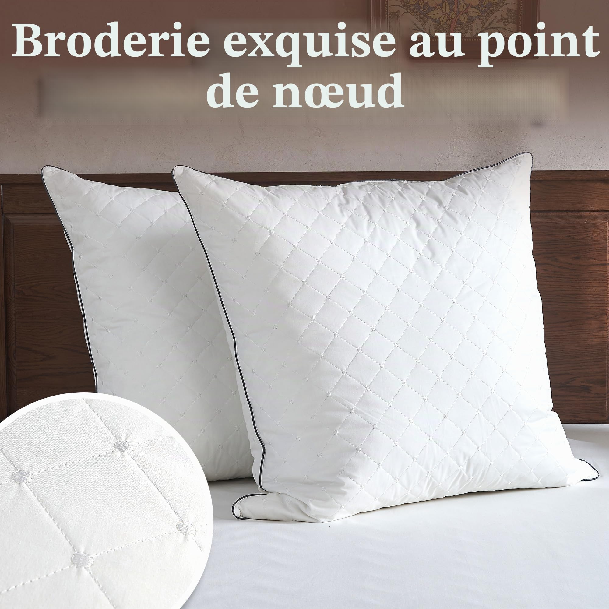 Deodar Lot de 2 Oreillers en Plumes et Duvet d'oie 60 x 60 cm | Housse 100 % coton, lavables en machine, certifiés Öko-Tex et RDS, pour un confort doux et un sommeil agréable