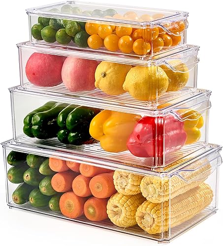 Contenedores organizadores de refrigerador de 4 piezas, organizadores y almacenamiento transparentes para refrigerador, apilables con tapas,