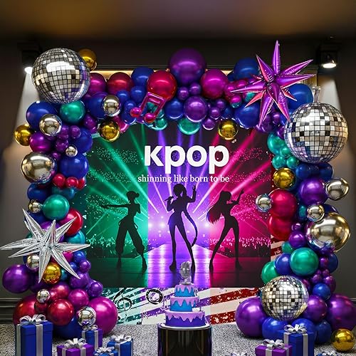 Chrome Balloon grad Balloon garland Arch Kit 130pcs disco party decorations with Metallic purple teal red hot pink Blue &disco ball balloons for 80s 90s birthday kpop music graduation decorations