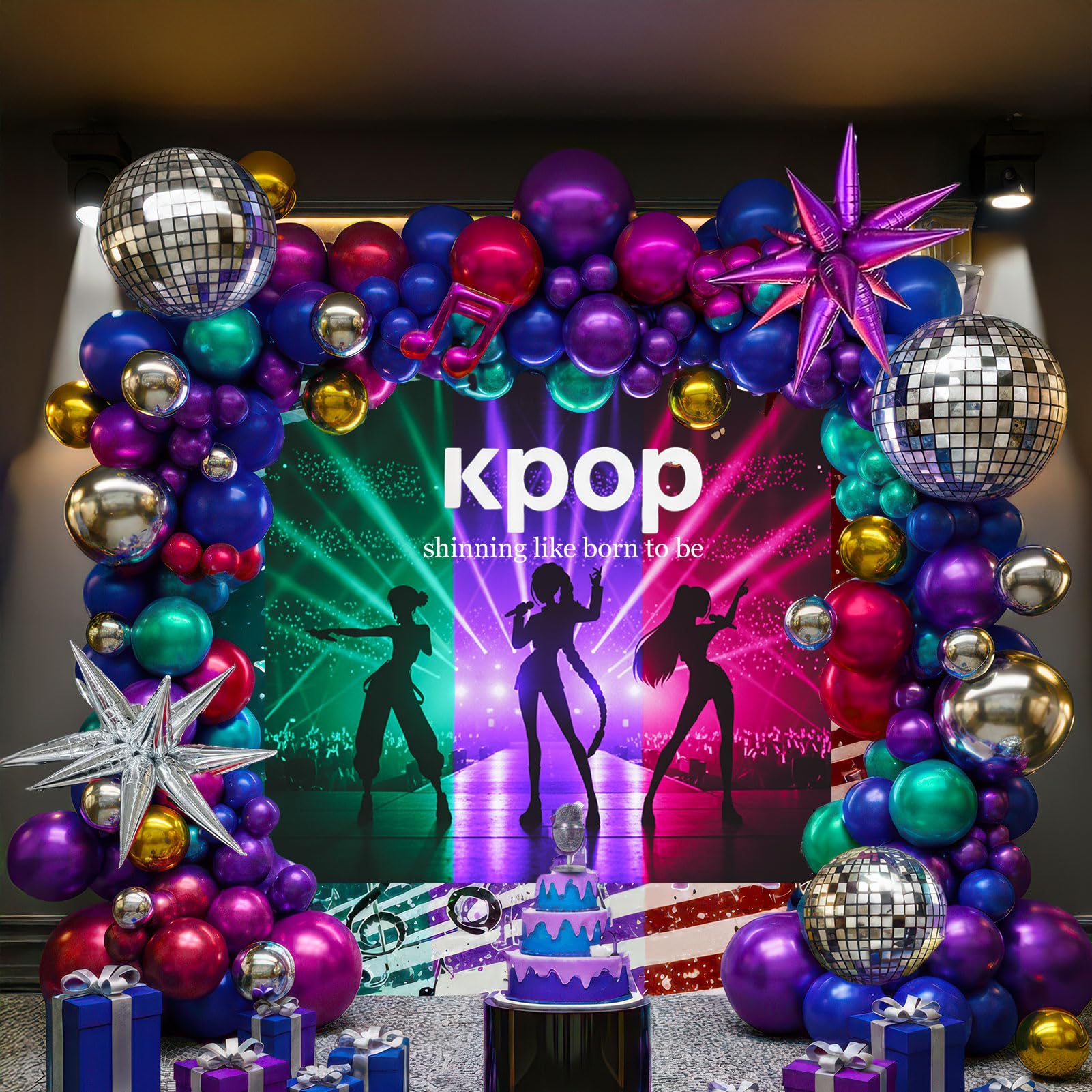 Chrome Balloon grad Balloon garland Arch Kit 130pcs disco party decorations with Metallic purple teal red hot pink Blue &disco ball balloons for 80s 90s birthday kpop music graduation decorations