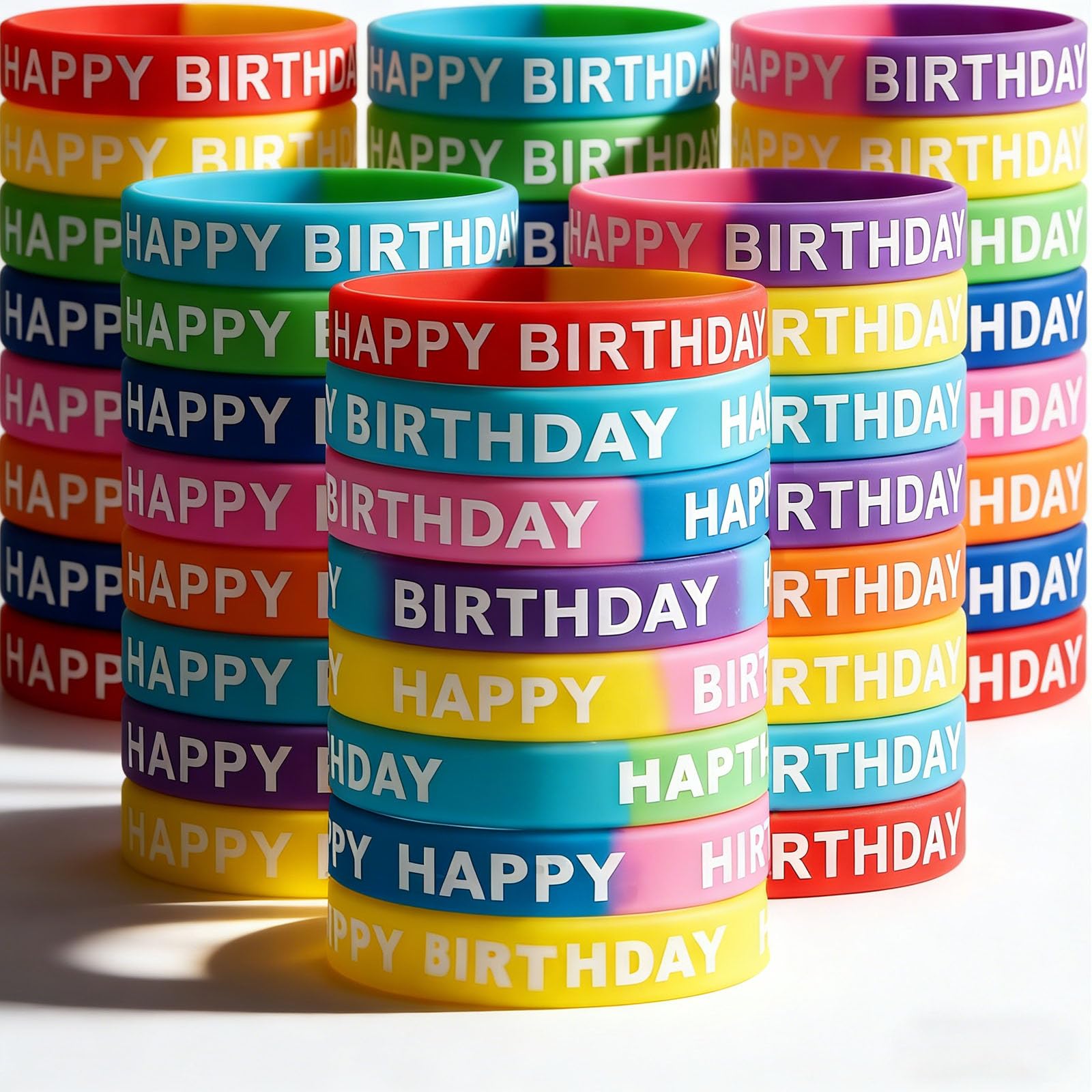 LovesTown 24 PCS Happy Birthday Rubber Bracelets, Silicone Stretch Wristbands for Kids Birthday Classroom Prizes Fun Goodie Bag Stuffers Party Supplies - dress up accessories | Mubboo