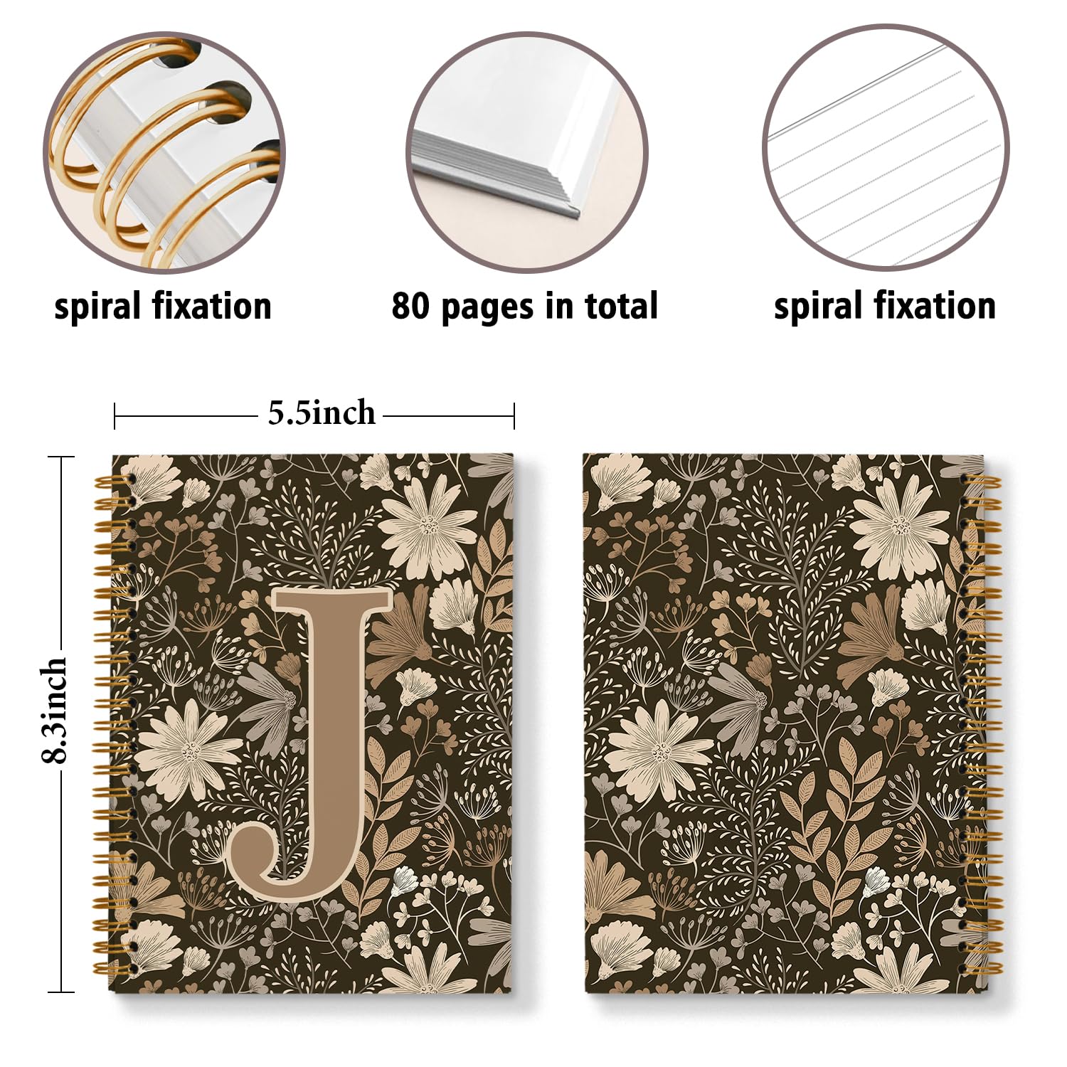 DSHFG Taccuino personalizzato con fiori, regalo per donne e ragazze, diario bohémien per regali scolastici per studenti, diario giornaliero iniziale J quaderno a spirale, 14 x 20 cm