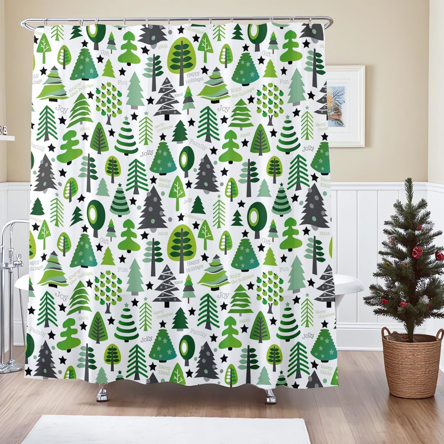 Christmas Tree Shower Curtain 72x72 inch Holidays Family Happy Merry Christmas Theme White Background Bathroom Decor Curtain Polyester Fabric with 12 PCS Hooks