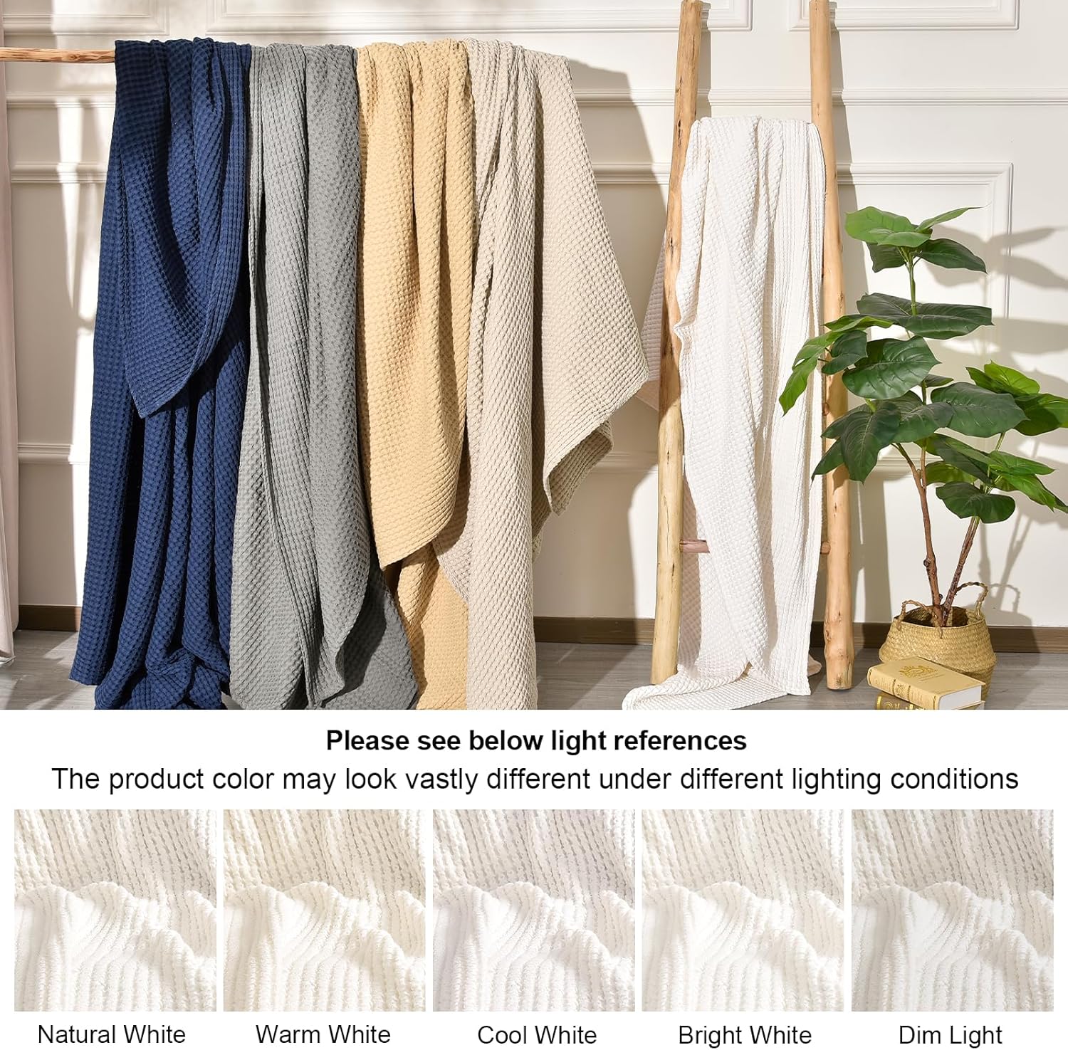 PHF 400GSM 100% Washed Cotton Waffle Weave Blanket, Cozy Breathable Skin-Friendly Throw Queen Size for All Season, Luxury Fall Layer for Couch Bed Sofa,Elegant Home Decor, Coconut White,90"x90" - Image 6