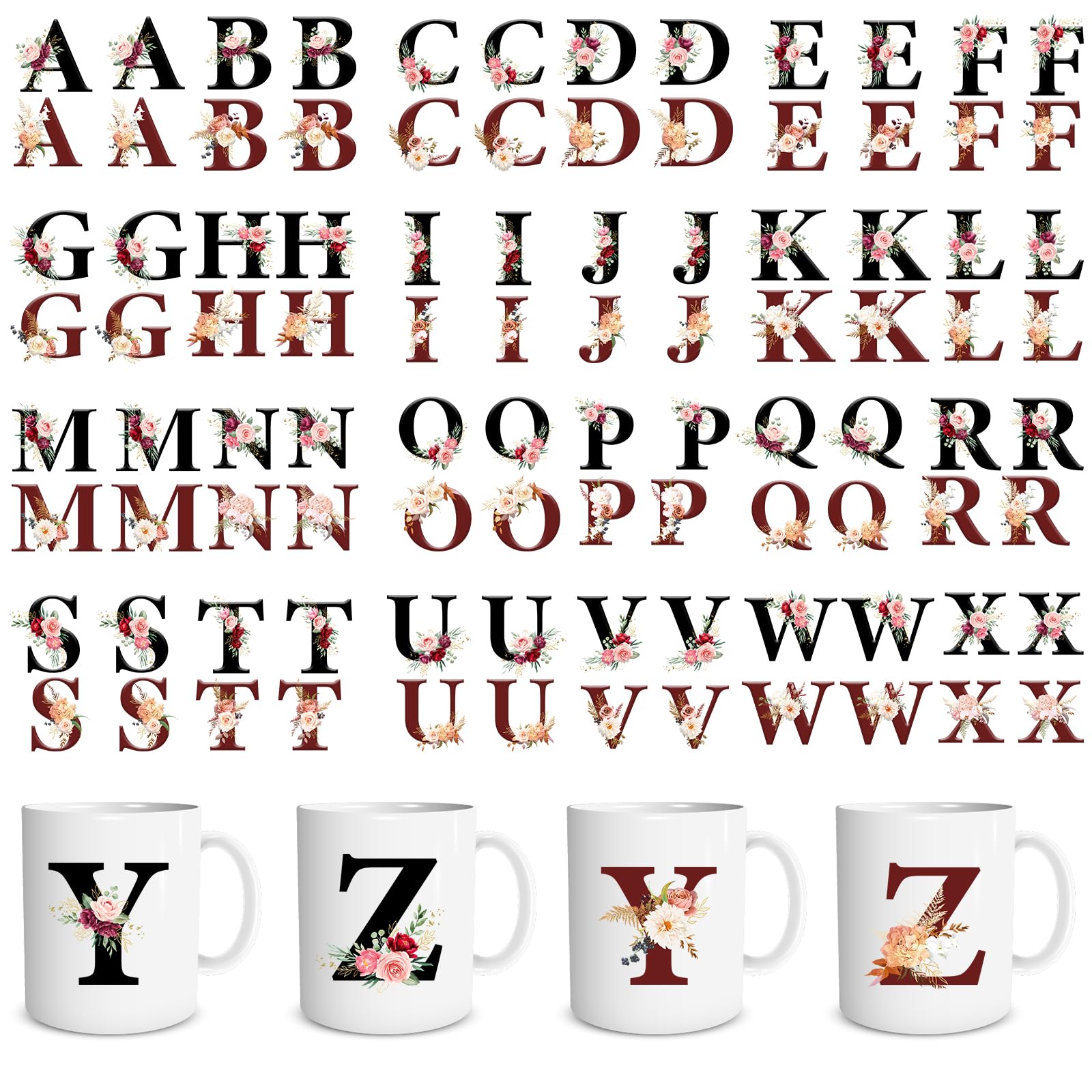 Rngmsi UV DTF Cup Wrap - 13 Sheets Letter UV DTF Cup Wraps for 16 oz Alphabet Flower Uvdtf Decals Waterproof Rub on Transfer Stickers for Glass Cups