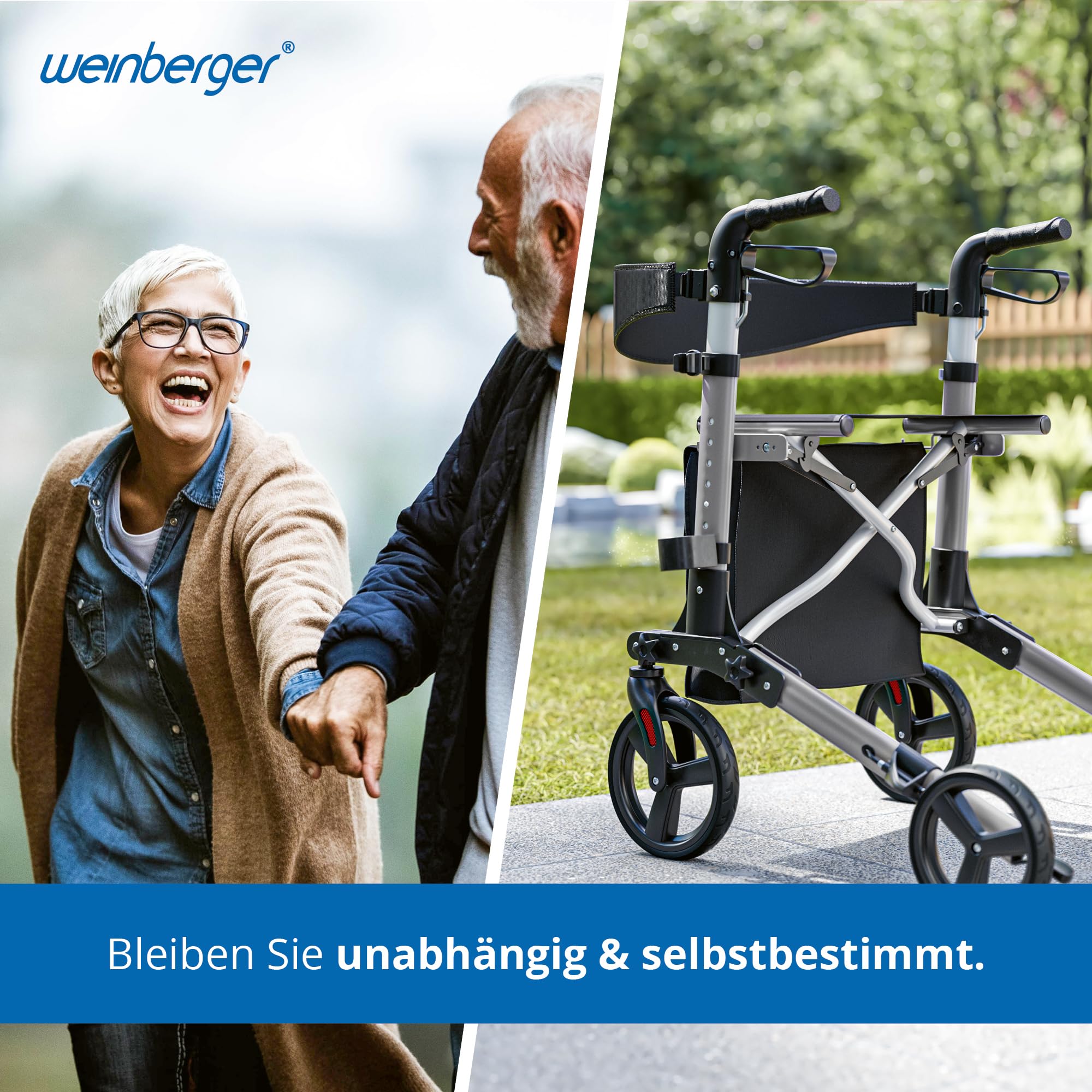Weinberger Rollator faltbar und leicht mit Sitz | Tasche, Griff, klappbar mit 20cm Reifen für alle Gelände | Höhenverstellbarer Indoor & Outdoor Rollator für Senioren | Gehhilfe, Laufhilfe