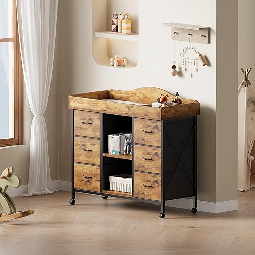 Miniatura 9 de Cambiador, cómoda de bebé de 6 cajones con cambiador, estación y almohadilla para cambiar pañales impermeable, 2 estantes de almacenamiento abiertos