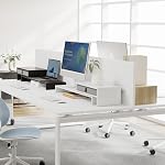 FENGE Dual Monitor Stand with Drawer Computer Monitor Stand Riser Adjustable Length and Angle, Wood Monitor Stands for 2 Monitors, Laptop PC, Computer, Printer, Office Desk Organizer White
