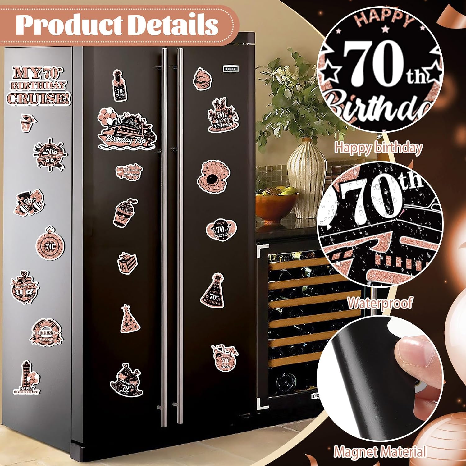 70th Birthday Cruise Door Magnets Decorations, Rose Gold Black Happy 70th Birthday Cruise Ship Door Decor Magnetic for 70th Women Men Anniversary Party Supplies Door Refrigerator Fridge Car Kitchen image 2
