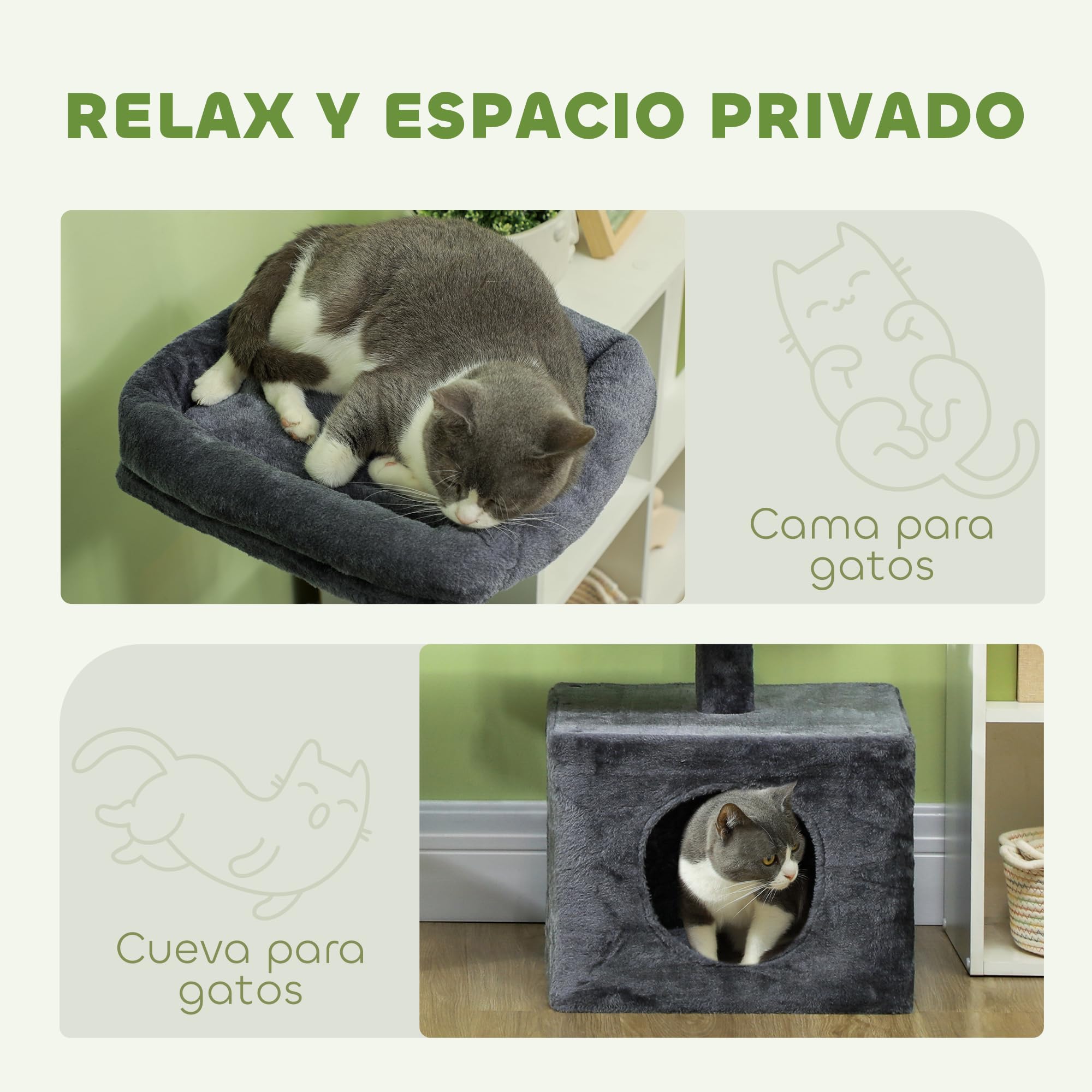 PawHut Árbol Rascador para Gatos 134 cm, Torre para Gatos Gris Oscuro | Rascador con Nidos Cueva, Plataformas, Bolas de Juguete, Postes de Sisal