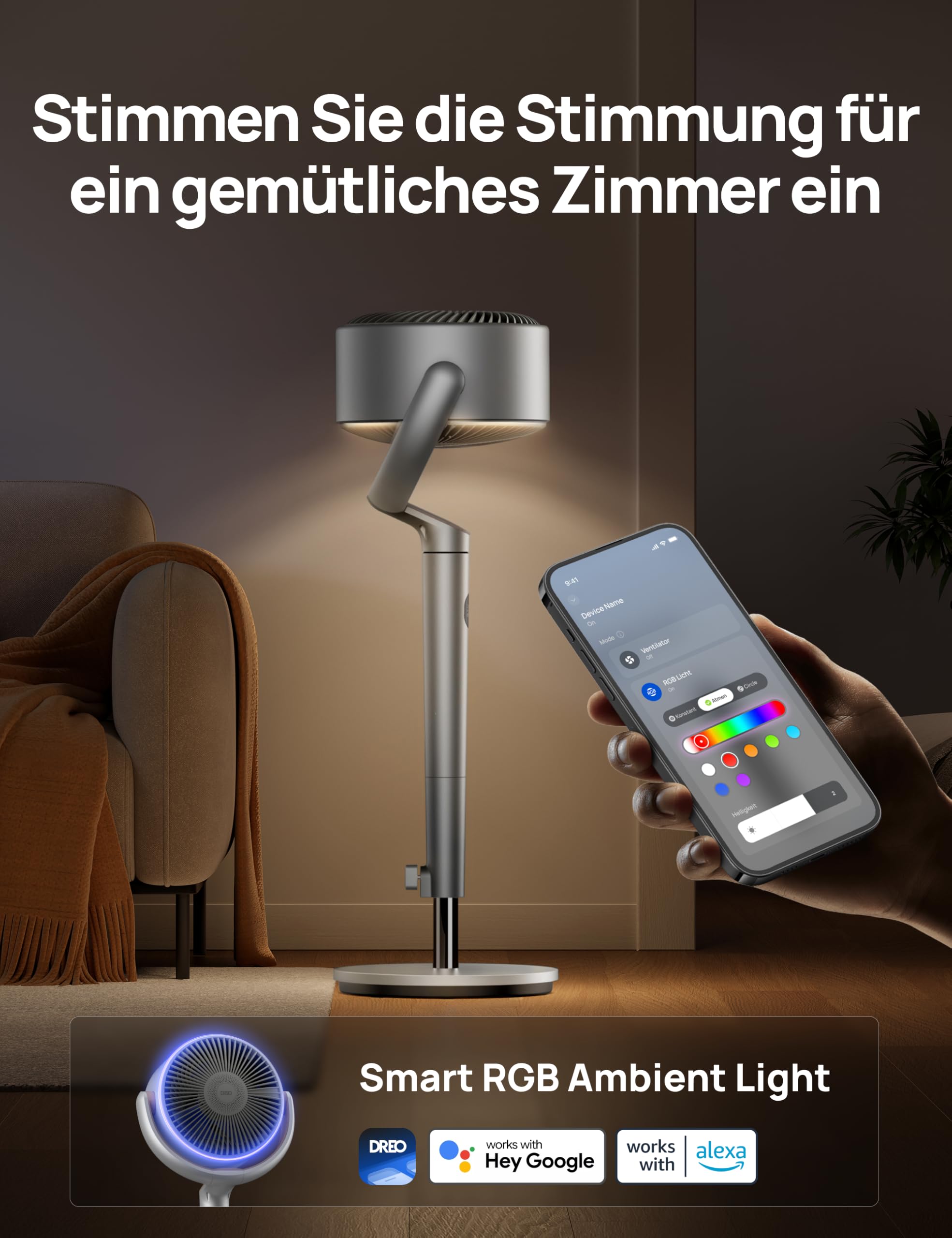 DREO Smart Standventilator mit RGB-Licht, 120°+120° Oszillation, Leiser 20 dB Bodenventilator mit Fernbedienung, 8H Timer, für Schlafzimmer, Silber