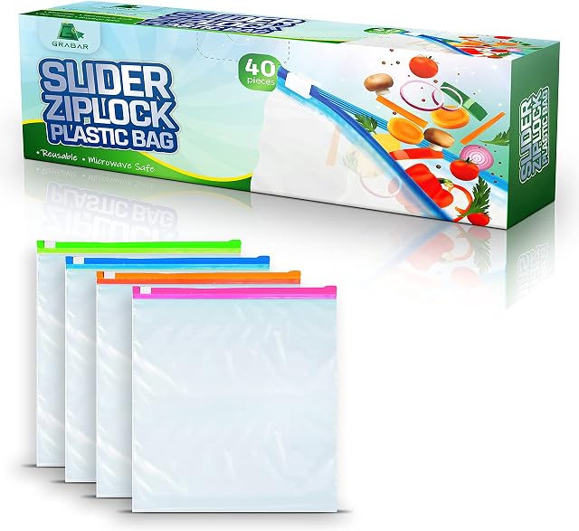 40 pcs Reusable Freezer Bags with Ziplock  Flat Bottom Plastic Wallets for Food, Snacks, Fruit, Veggies, Lunch  Clear Paper Party Bags in 4 Colours (8 X 7 inch/10,5 x 11 inch)