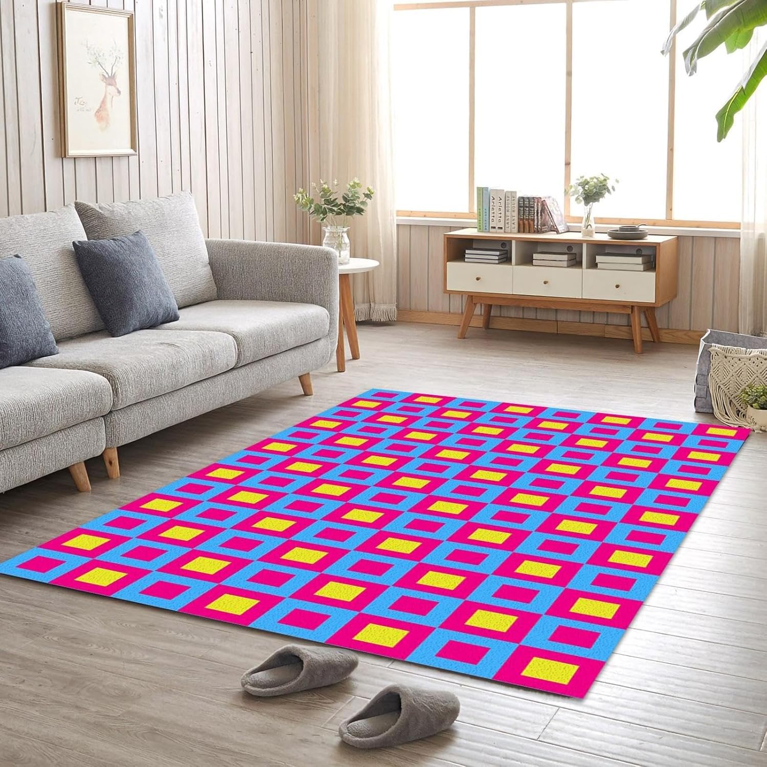 Mid Century Boho Abstract Geometry Rug, Modern Magenta Yellow Blue Squares Art Area Rugs, Non Slip Foldable Dirty Resistant Washable Mat Carpet for Living Room Bedroom Entryway Hallway（2x3ft）
