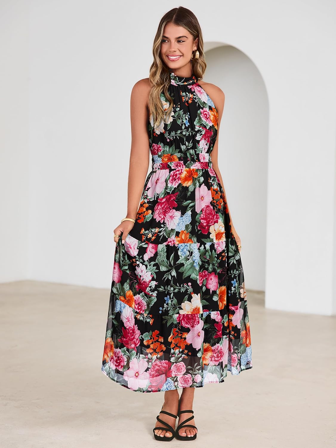 Simplee Womens Summer Halter Wedding Guest Dress Maxi Floral Vacation Boho Sundresses Flowy Formal Long Travel Dresses 2026 - Image 5