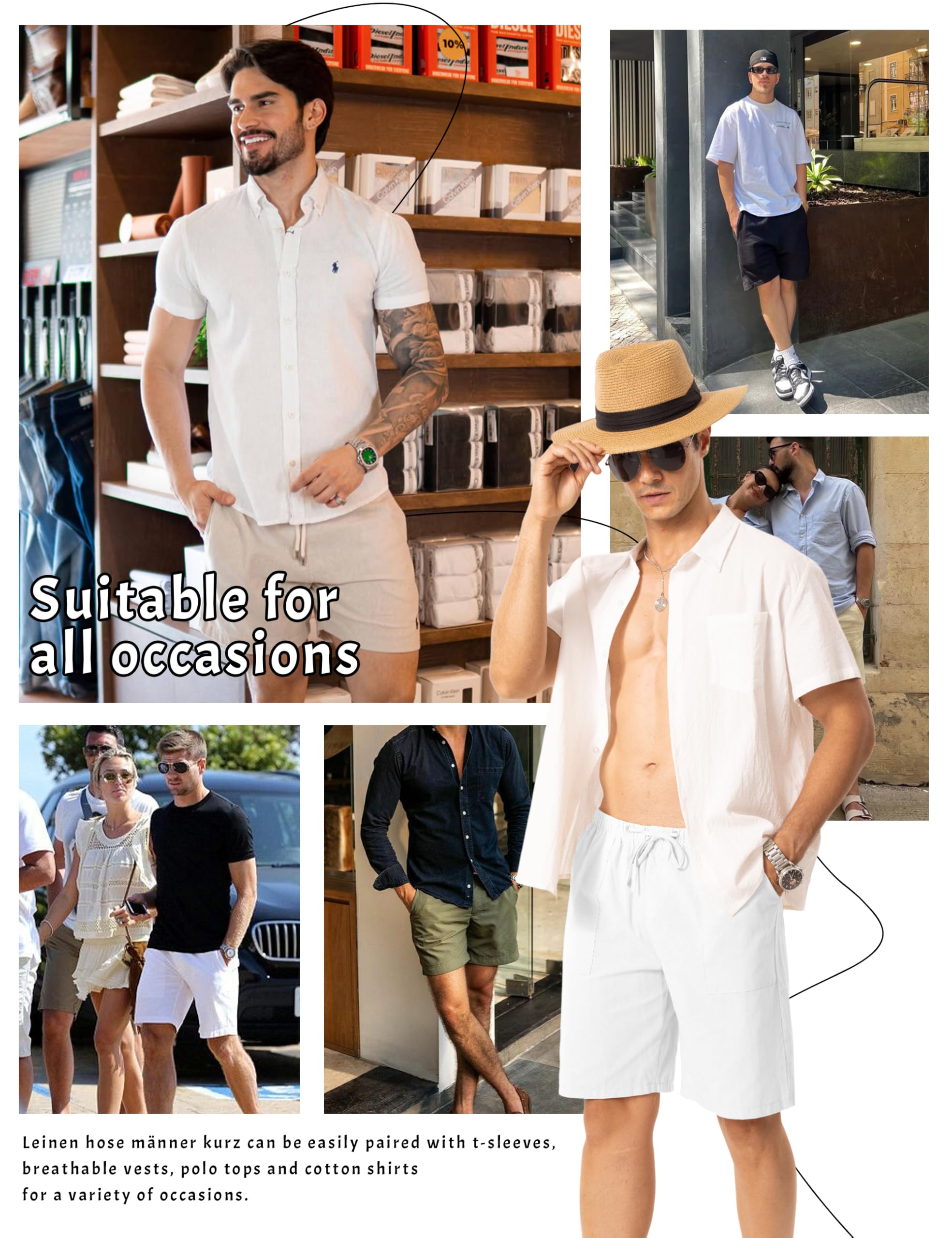 ANTLOOWW Pantaloncini da Uomo Estivi, Pantaloni di Lino da Uomo Corti con 4 Tasche Pantaloncini Casual Leggeri e Traspiranti