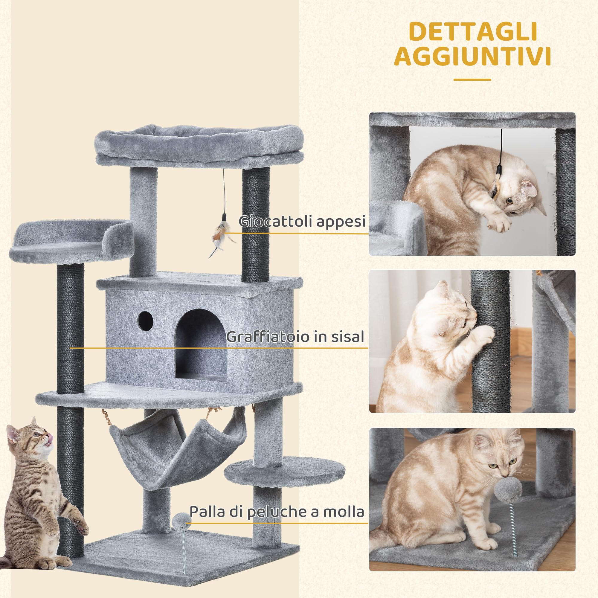 PawHut Albero Tiragraffi per Gatti con Palo, Casetta, 48x48x107 cm, Grigio | Letto, 4 Piattaforme, Amaca e 2 Giochi, Torre per Gatti in Truciolato, Peluche, Sisal e Feltro