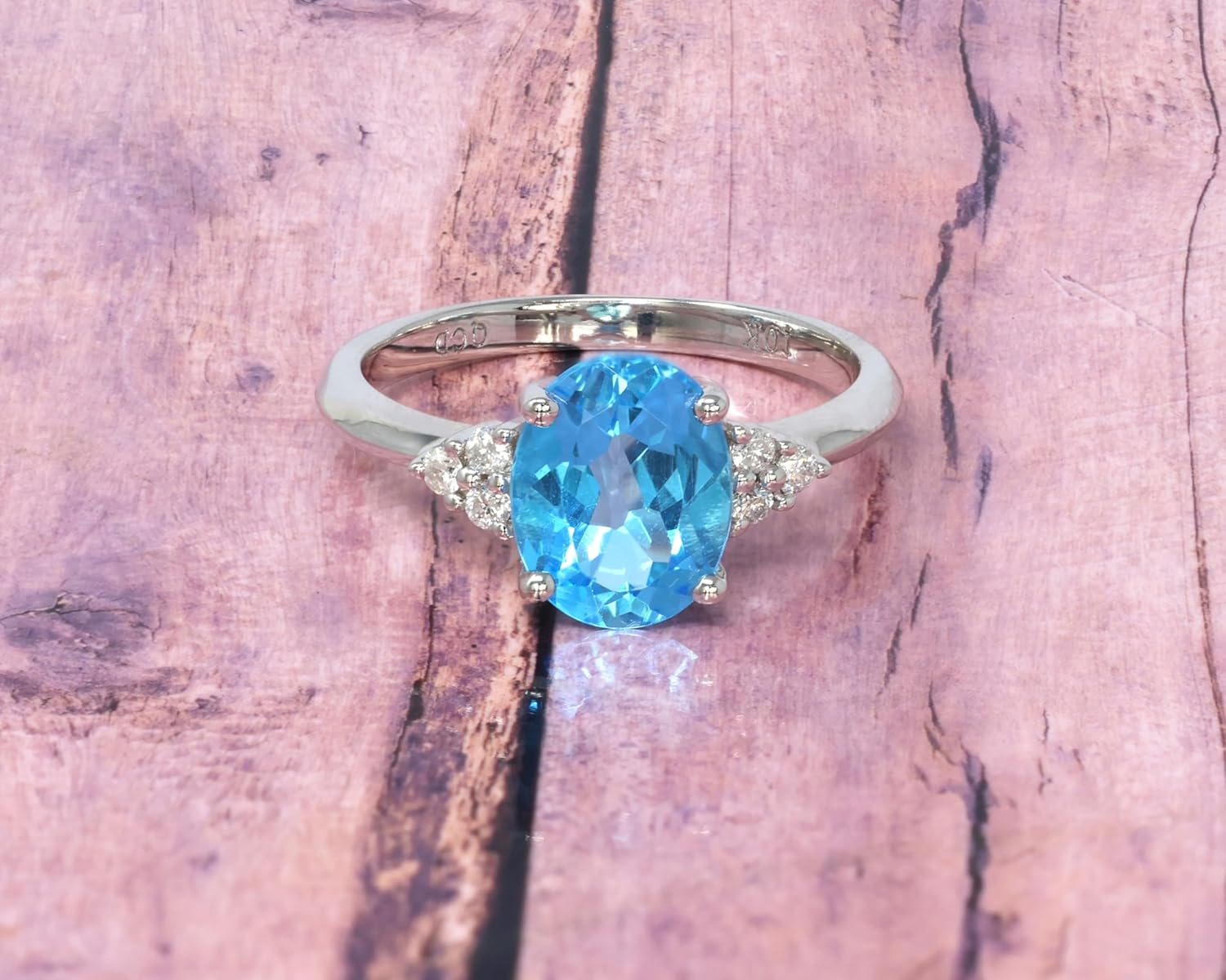 10K White Gold Genuine Blue Topaz 2-1/8 Ct Oval Diamond Ring - Image 3