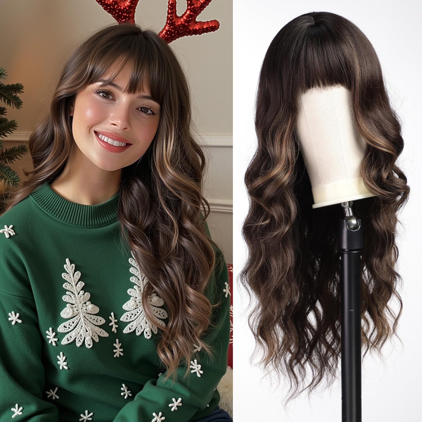WOKESTAR Long Wavy Brown with Highlights Wigs for Women Heat Resistant Natural Hair with Fringe, average size