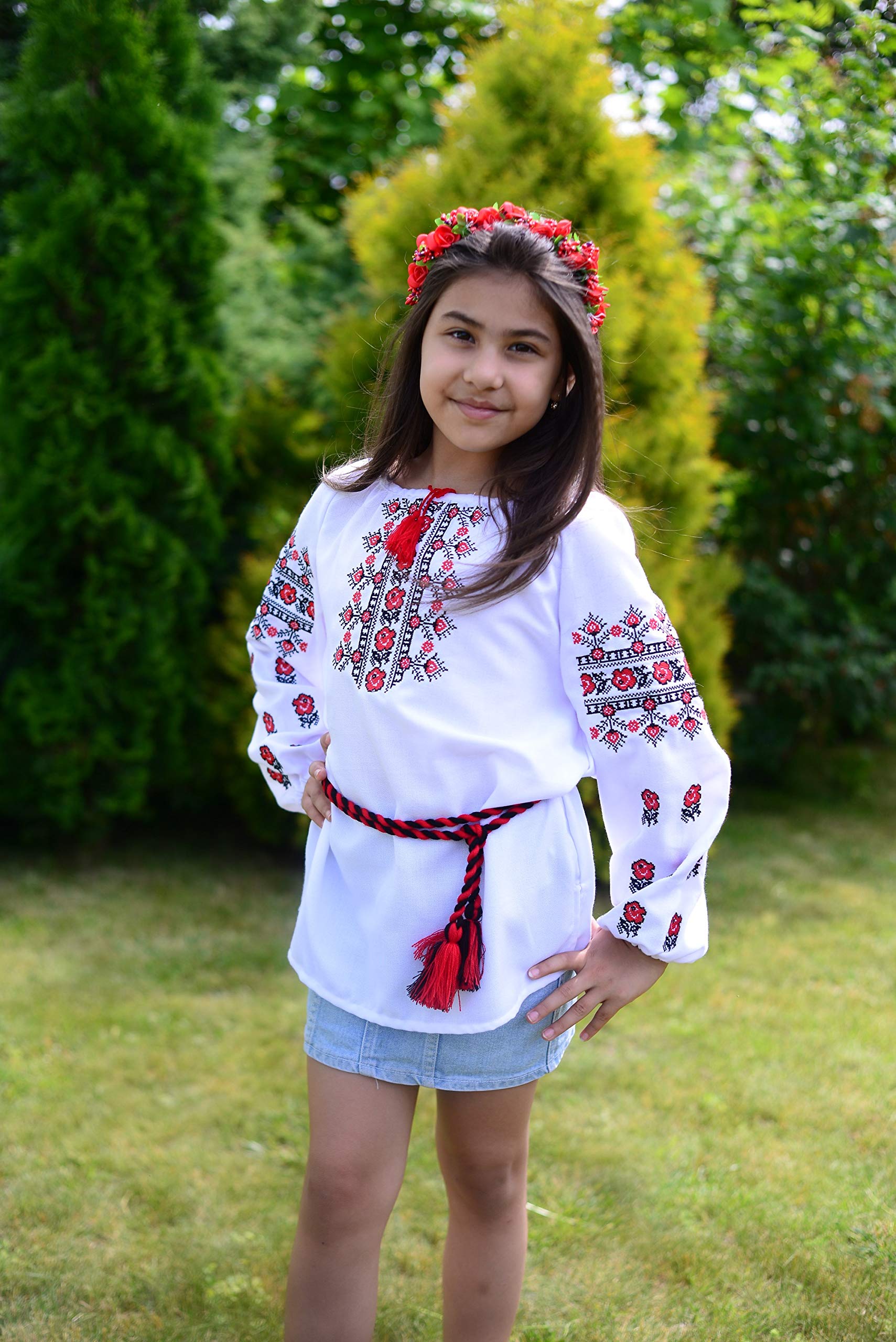 Camicetta popolare ucraina ricamata con cintura per ragazze, bianco, L