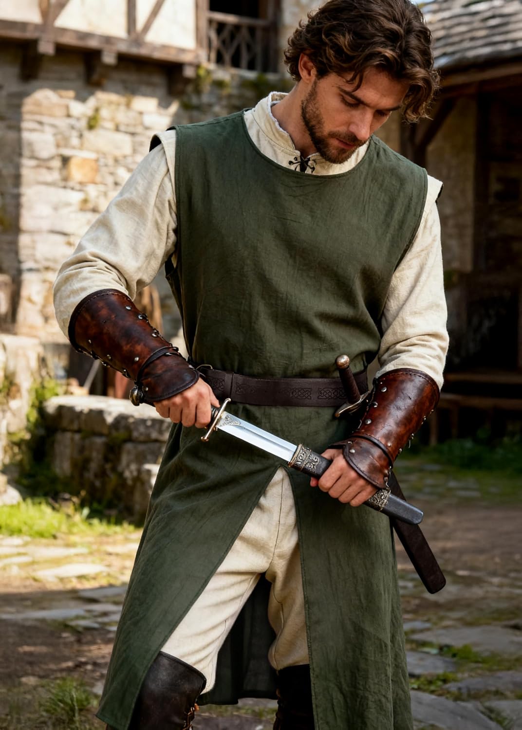 Mens Renaissance Costume Medieval Linen Tunic Sleeveless Top Viking Knight Robe Gothic Halloween Costumes