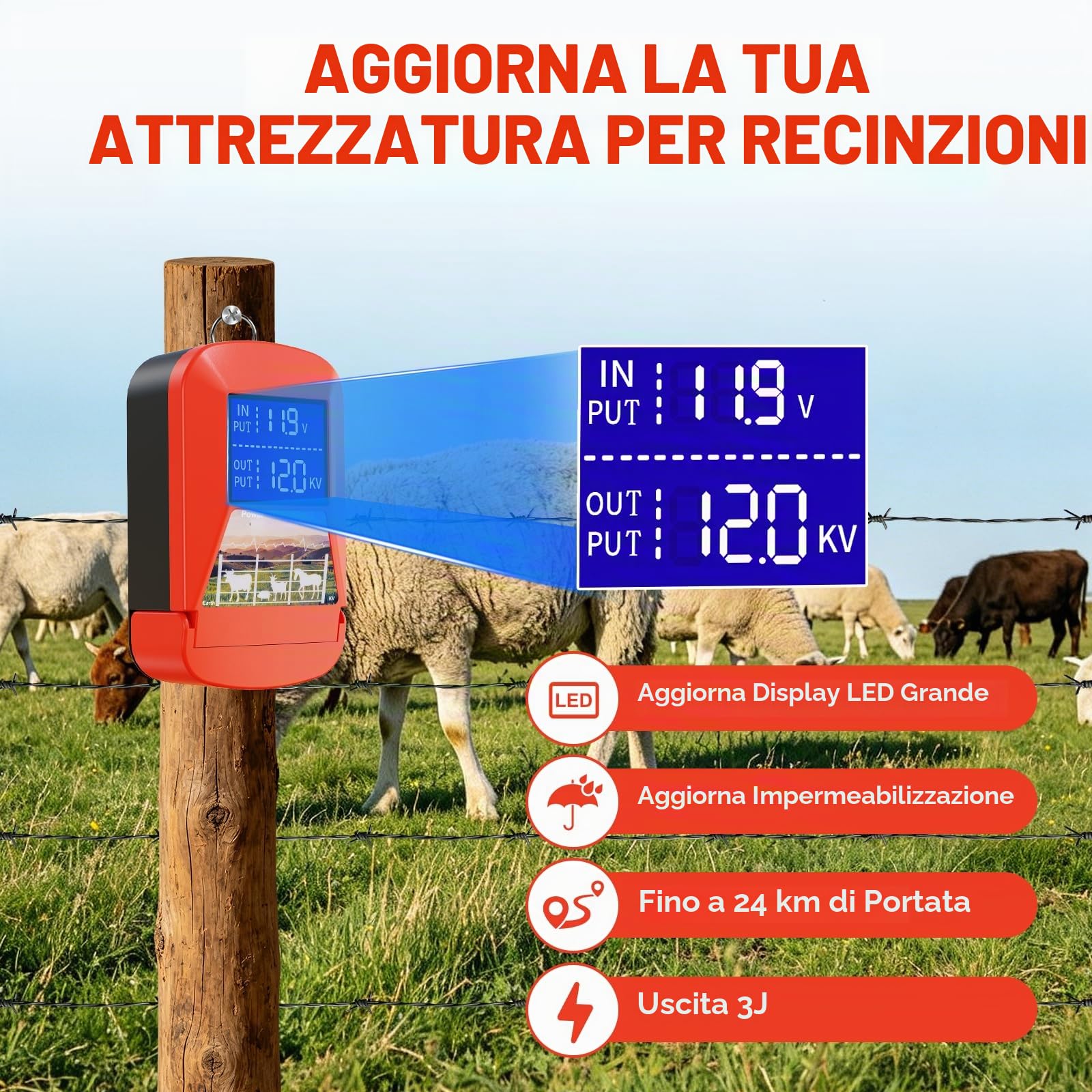 Elettrificatore per recinti elettrici 12V con display LED, Elettrificatore 3.0J per 24 km Elettrificatore per recinti elettrici, per la protezione di animali da fattoria, animali domestici, pollame | Ampio display a LED