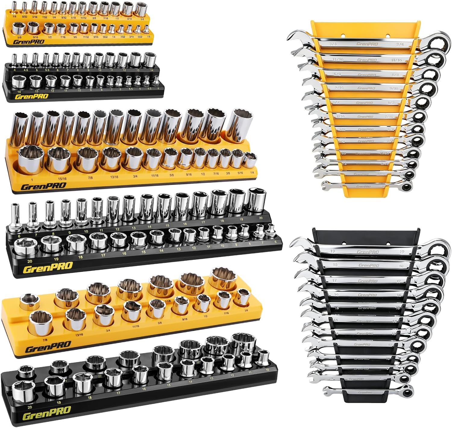 GRENPRO 8-Piece Professional Tool Organizer Set: 6-Piece Magnetic Socket Organizer & 2-Piece Wrench Holders for 1/4", 3/8", 1/2" Drive SAE & Metric Sockets and Wrenches | Saves Space & Easy Access
