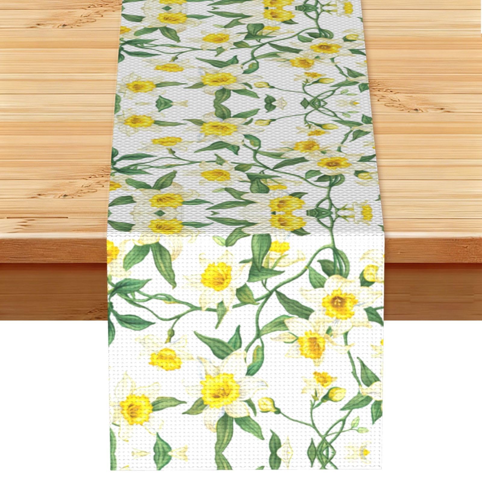 Elegant White Daffodil Vines Printed Table Runner 13 x 72, Wrinkle Resistant Decor for Dining Table Coffee Table Fireplace