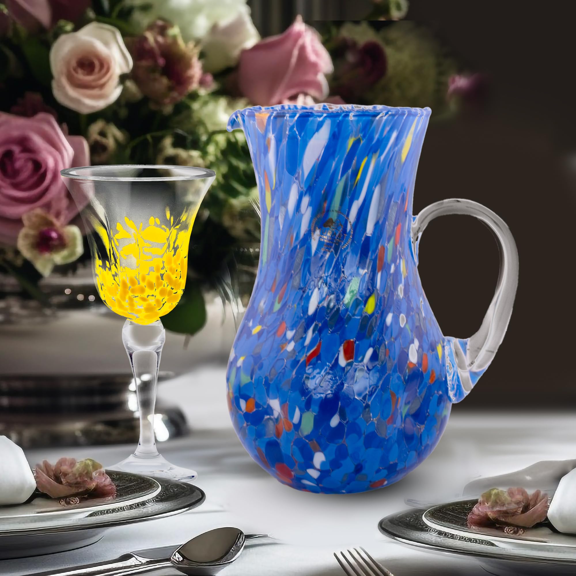 MurArt Jarra de cristal de Murano 500 ml Colección Ondas Altura 20 cm Decorado con Murrine Hecho a mano Made in Italy
